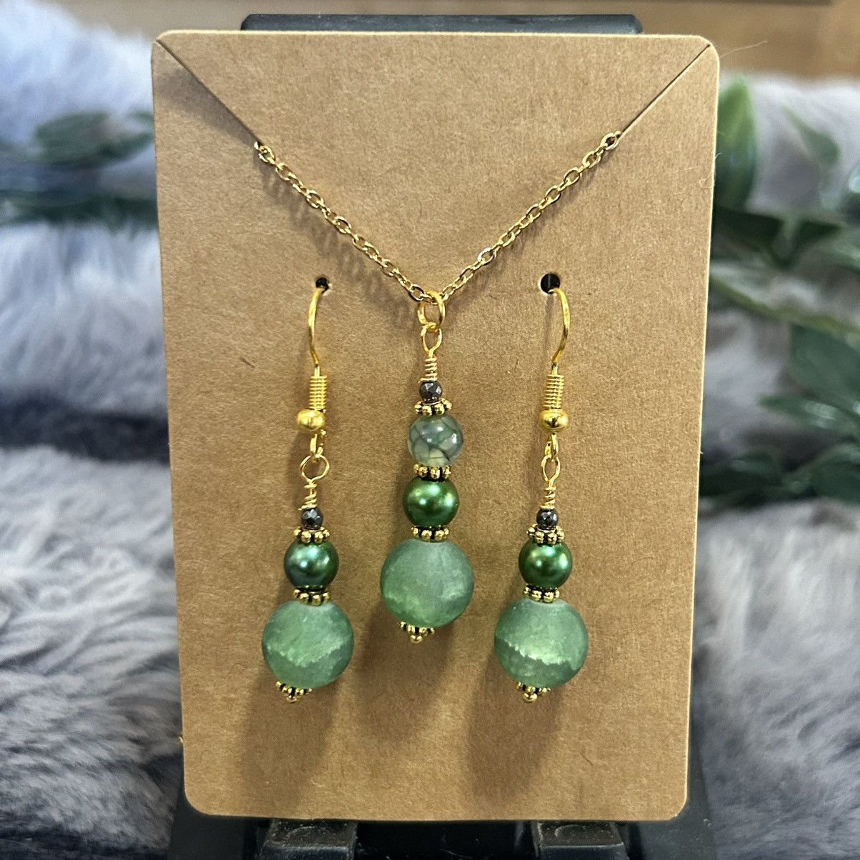 Handmade Handcrafted green crackle glass dragon vein agate set Size ONE SIZE - 2 Thumbnail