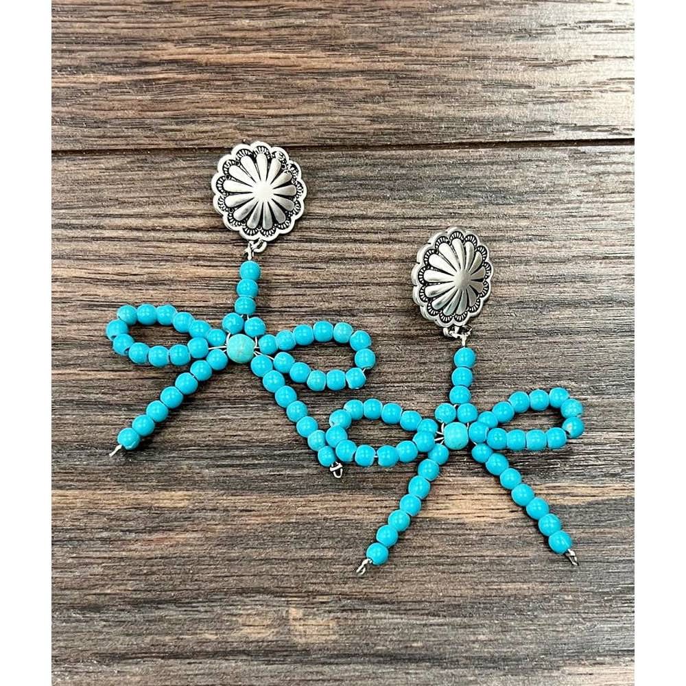 Other Handmade Ribbon Bow Post Earrings with Turquoise Beads, West Size ONE SIZE - 4 Thumbnail
