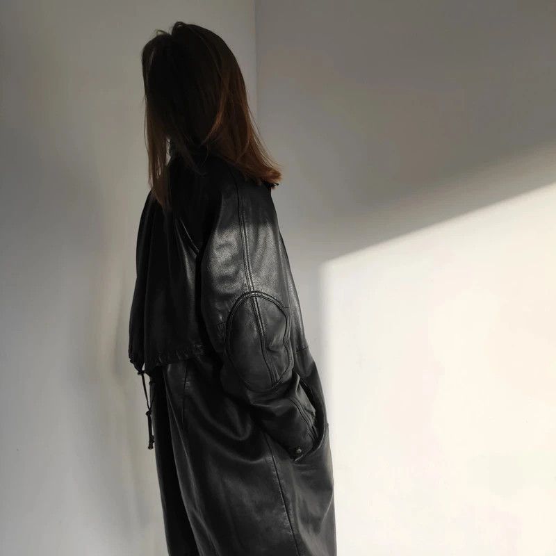 Leather Unique 90s Vintage Leather Coat Size M / US 6-8 / IT 42-44 - 3 Thumbnail