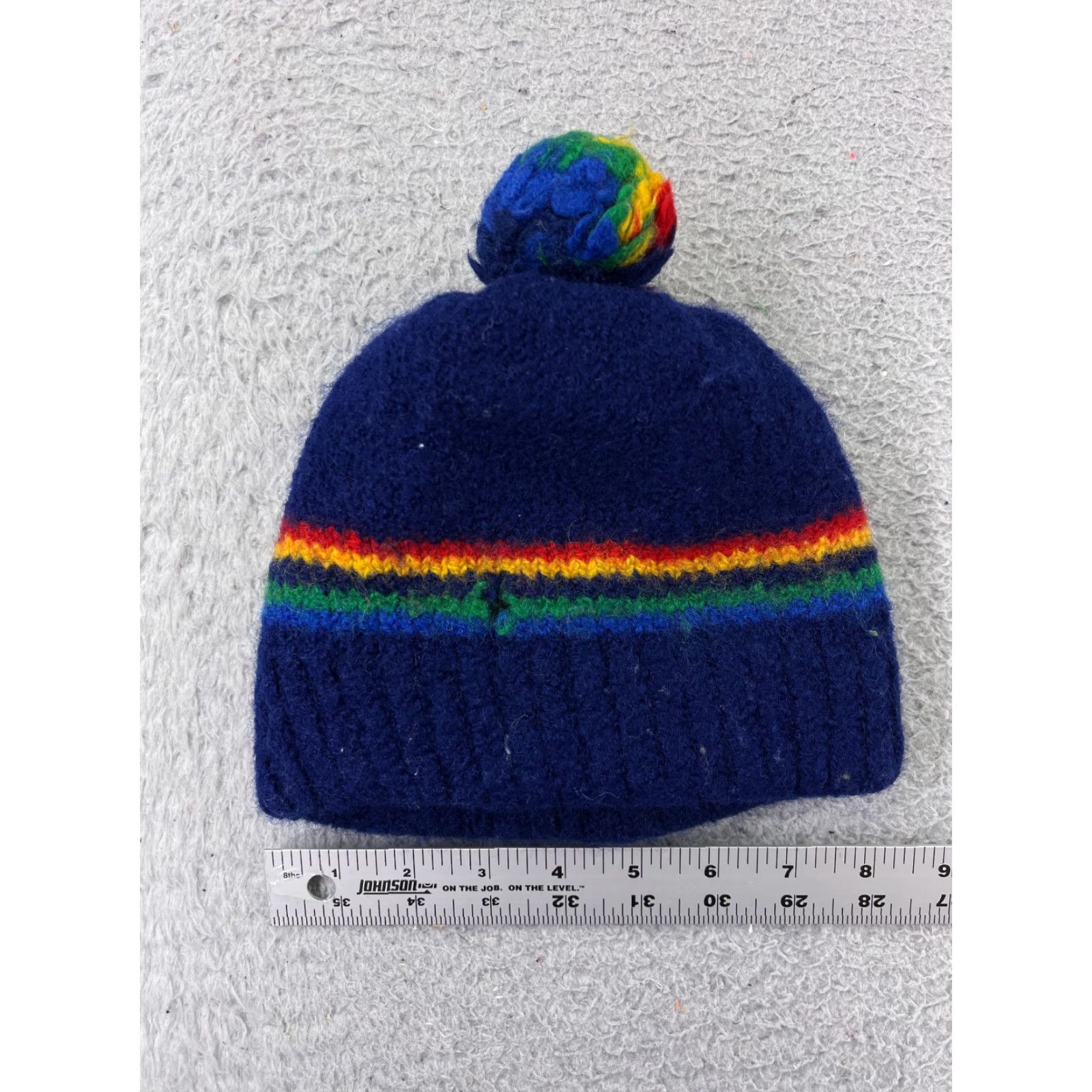 Rainbow VINTAGE Meister Beanie Toque Adult One Size Blue Rainbow Wool Made New Zealand Pom Hat Mens Beanie 90s Ski Size ONE SIZE - 4 Thumbnail