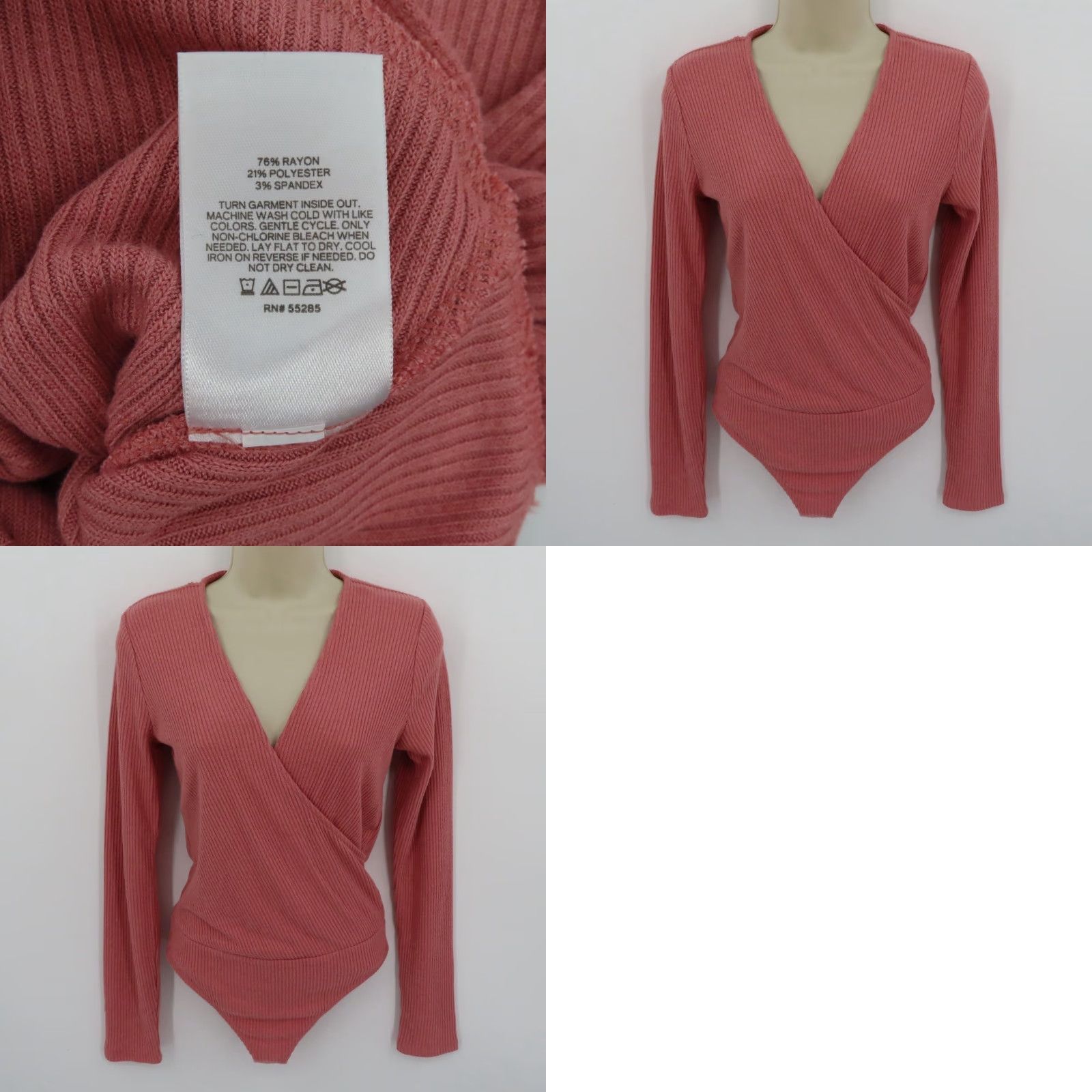 Express Express Women Small Pink Ribbed V Neck Wrap Long Sleeve Bodysuit One Piece NEW Size S / US 4 / IT 40 - 8 Thumbnail