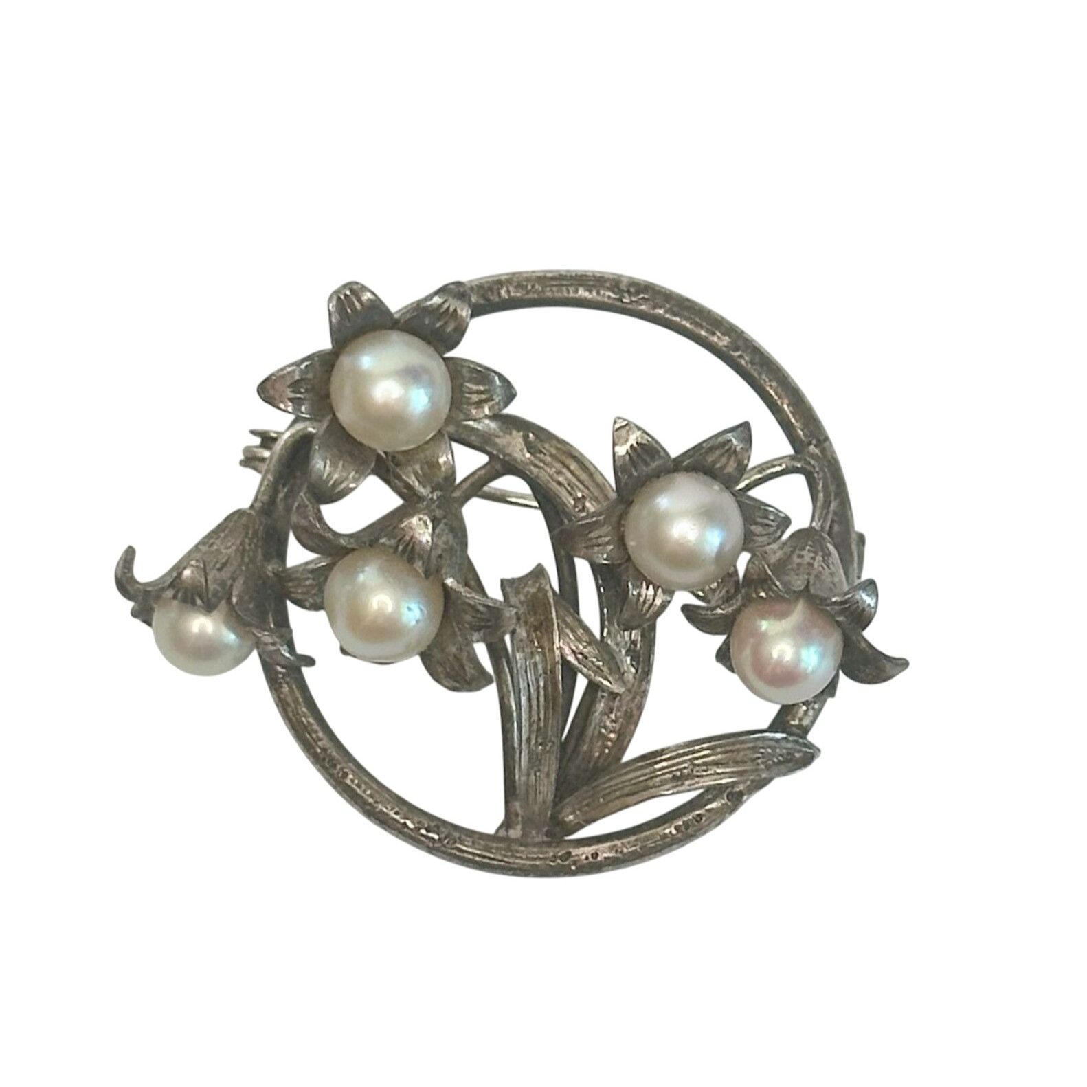 Other Vintage Round Silver Tone Brooch with Faux Pearls and Flower Size ONE SIZE - 2 Thumbnail