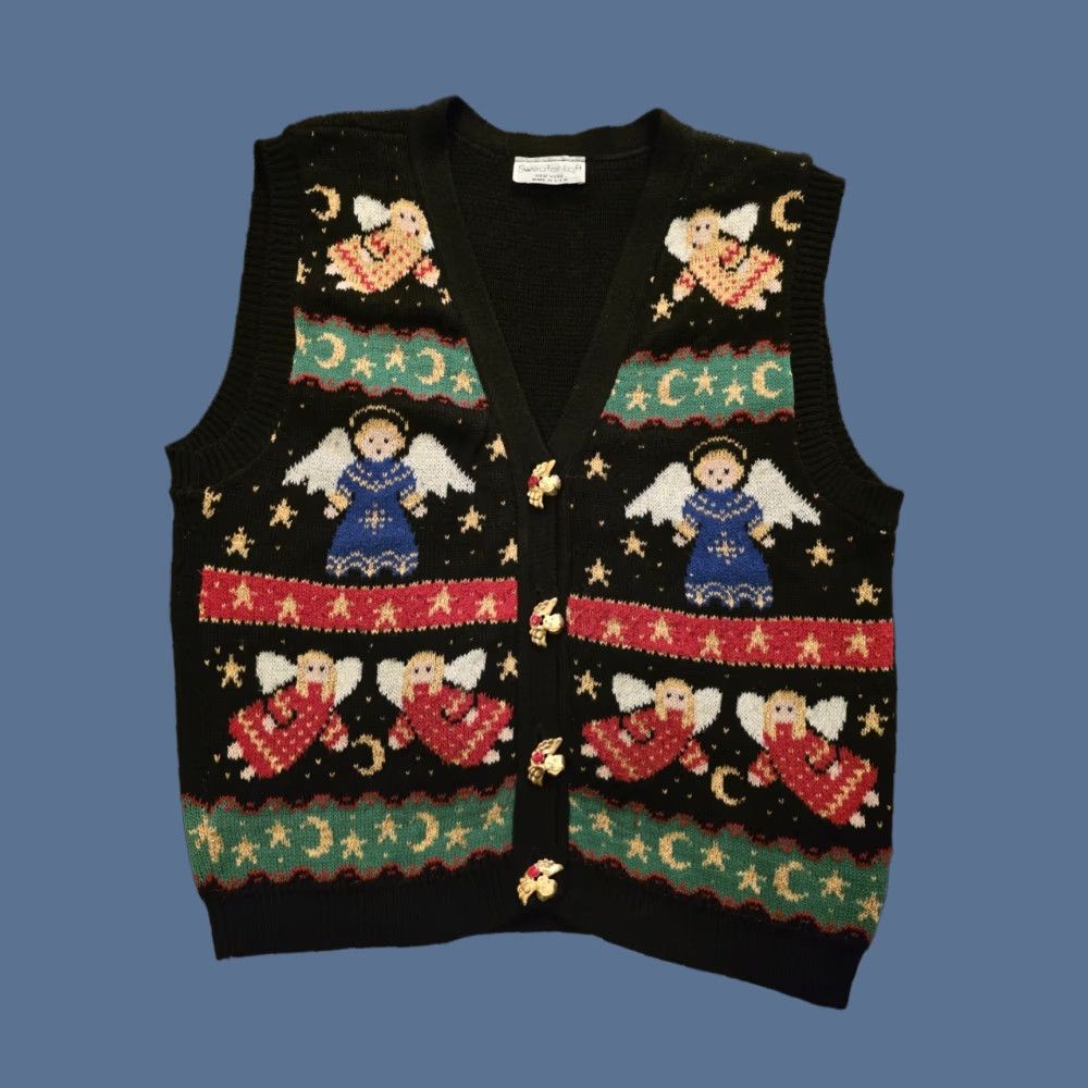 Loft VINTAGE Sweater Loft Knit Cardigan Vest Womens M Black Sleeveless V-Neck Embroidered Button Christmas 90s Religion Casual Party/Cocktail Size M / US 6-8 / IT 42-44 - 1 Thumbnail