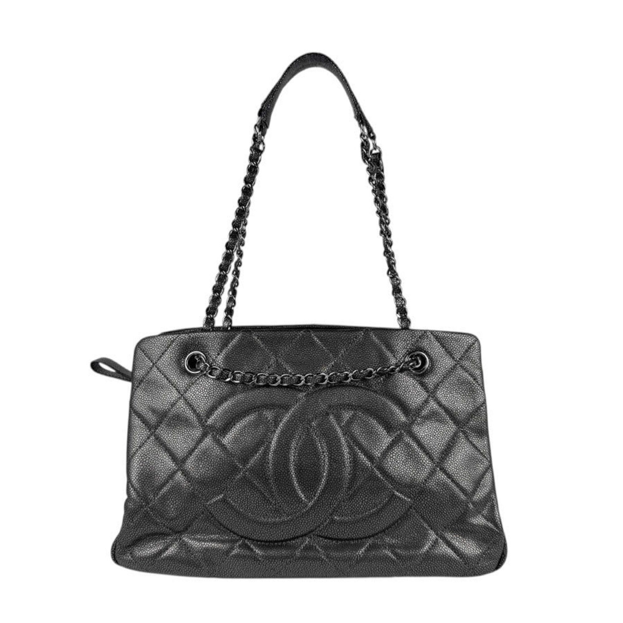Chanel Shoulder Bag Caviar Skin Leather Metallic Dark Grey Women's Z5053