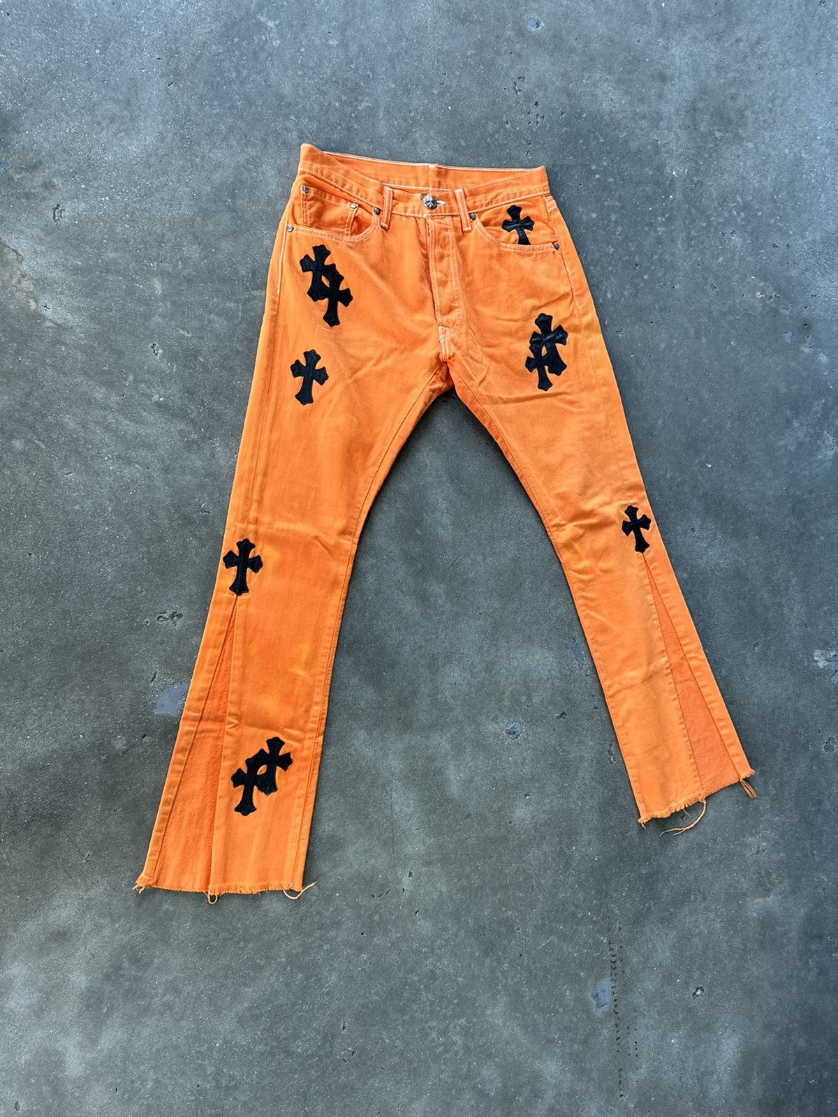 Off White Chrome hearts X Off White Flare jeans with patches Grailed