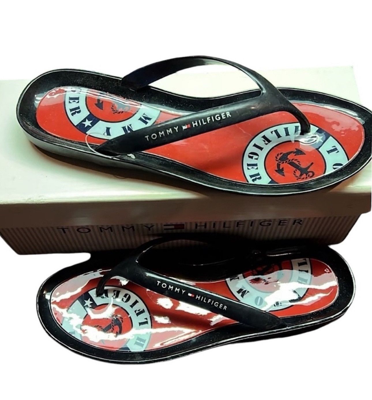 Designer × Tommy Hilfiger Tommy Hilfiger Black Red Nautical Sandals FlipFlops SZ 7 Size US 7 / IT 37 - 1 Thumbnail