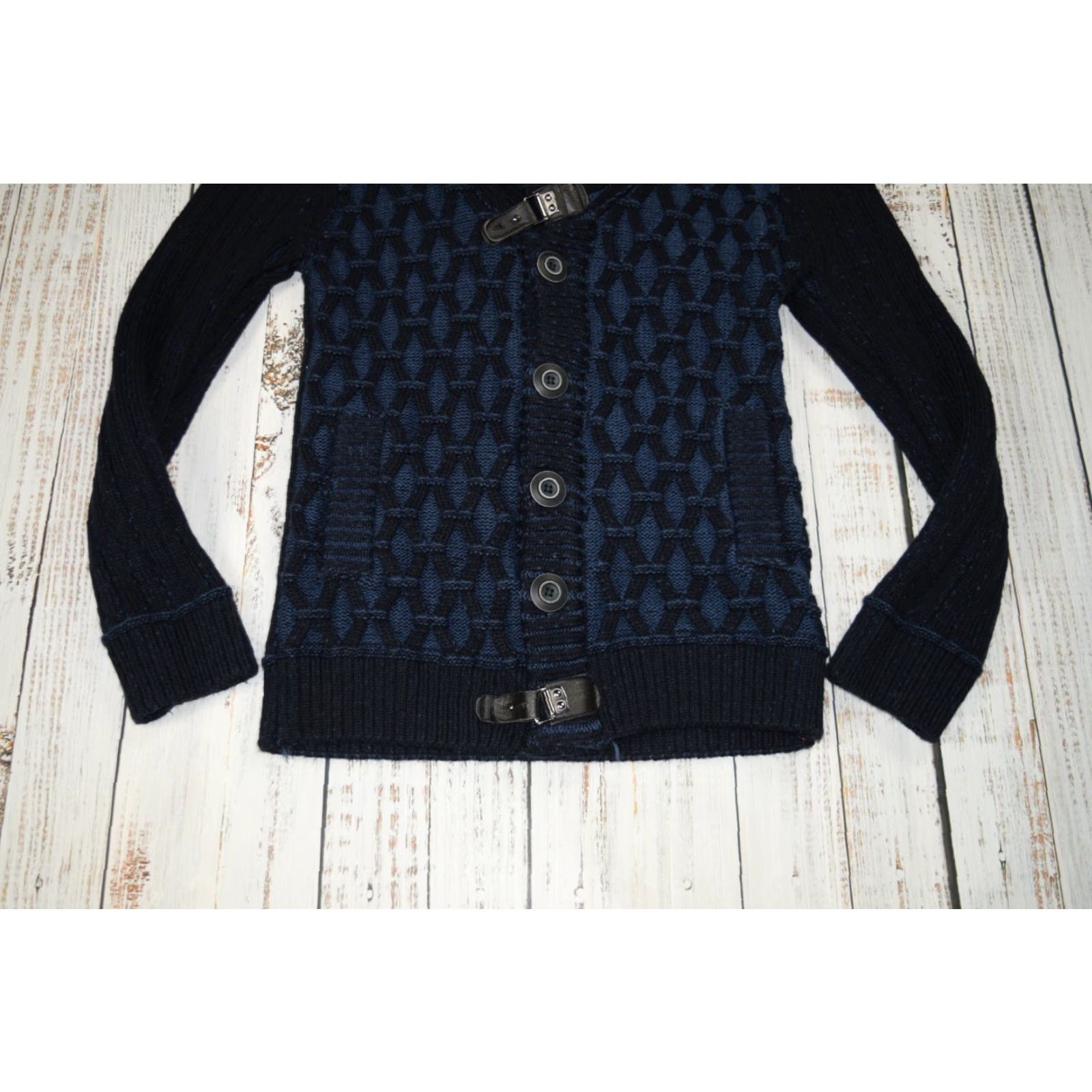 Vintage LCR Luxury Cardigan Sweater XL Navy Blue Chunky Knit Button Buckle Collared Mens Size US XL / EU 56 / 4 - 3 Thumbnail