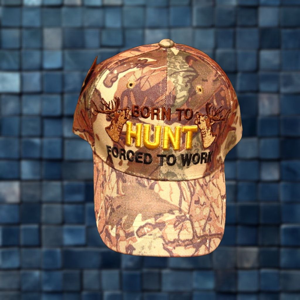 Born VINTAGE Camouflage Baseball Cap BORN TO HUNT FORCED TO WORK Adjustable Hunting Mens Size ONE SIZE - 1 Thumbnail