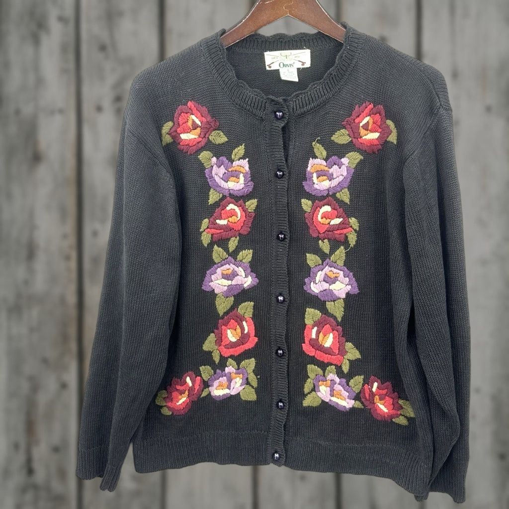 Orvis Orvis Vintage Cardigan Sweater - Womens Small Knit Floral Embroidered Black Crew Neck Vintage 80s 90s Boho Knitwear S Size S / US 4 / IT 40 - 1 Thumbnail