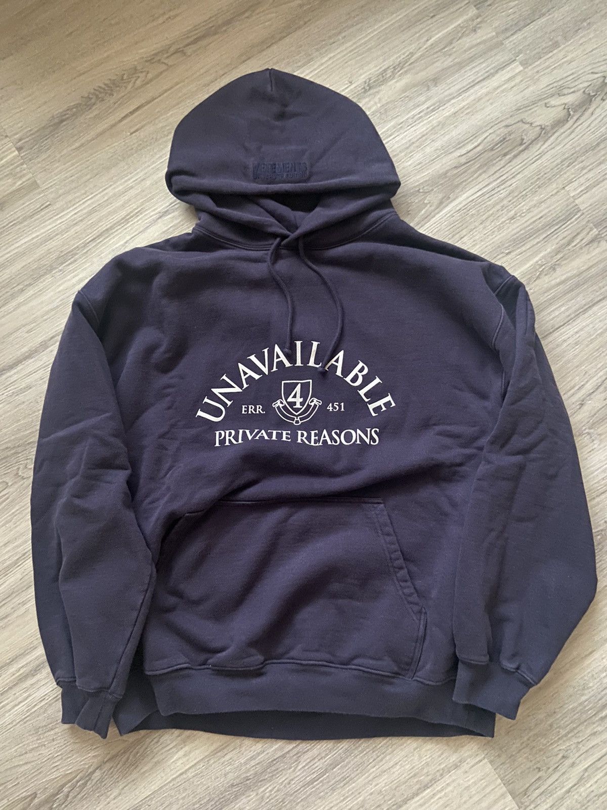 image of Vetements Unavailable 4 Private Reasons Fw19 Hoodie in Navy, Men's (Size XS)