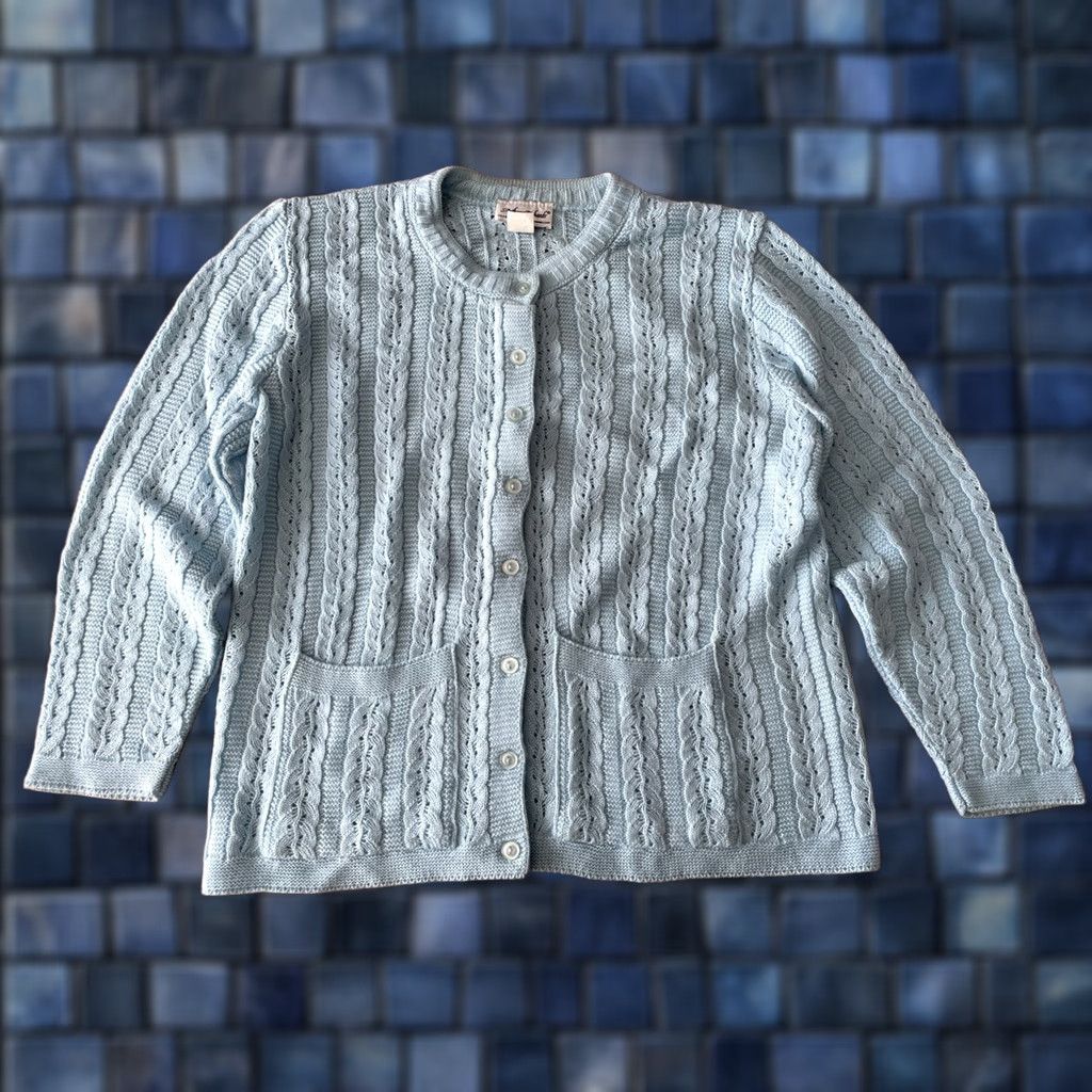 Vintage VINTAGE Anthony Richards Cardigan Sweater Womens L Blue USA Cable Knit Button Front Crew Neck Raglan Sleeve Size L / US 10 / IT 46 - 1 Thumbnail