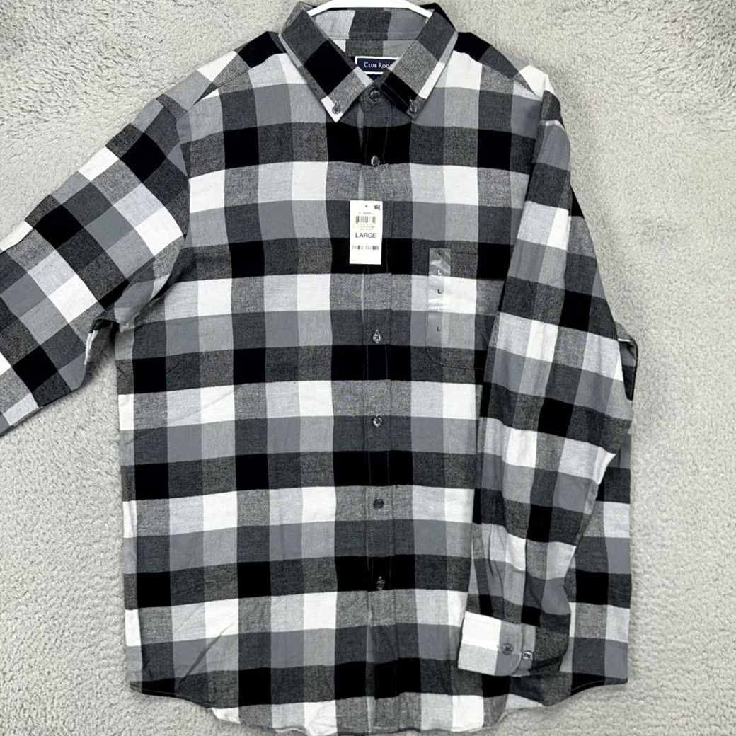 Club Room VINTAGE Club Room Flannel Shirt Mens Large Black Grey Herringbone Plaid Button-Down NEW Size US L / EU 52-54 / 3 - 4 Thumbnail