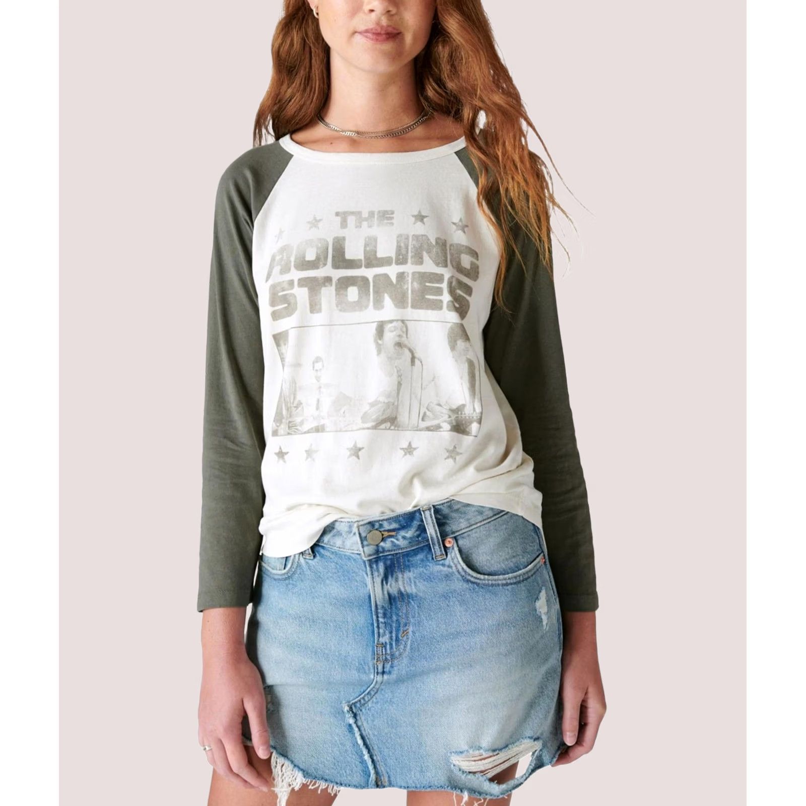 Lucky Brand Lucky Brand Womens Rolling Stones Raglan Graphic T-Shirt, white, L Size L / US 10 / IT 46 - 1 Thumbnail