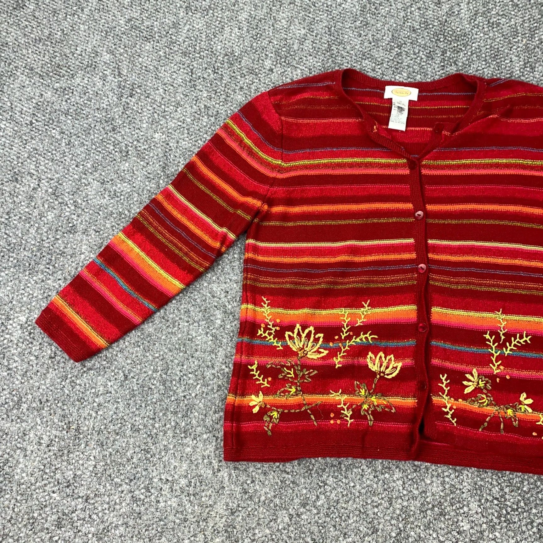 Talbots Talbots Cardigan Sweater Striped 3/4 Sleeve Red Flower Button Embroidered Cotton Ramie Rayon Women M Medium Adult Womens Fall Spring Winter Stock Size M / US 6-8 / IT 42-44 - 3 Thumbnail