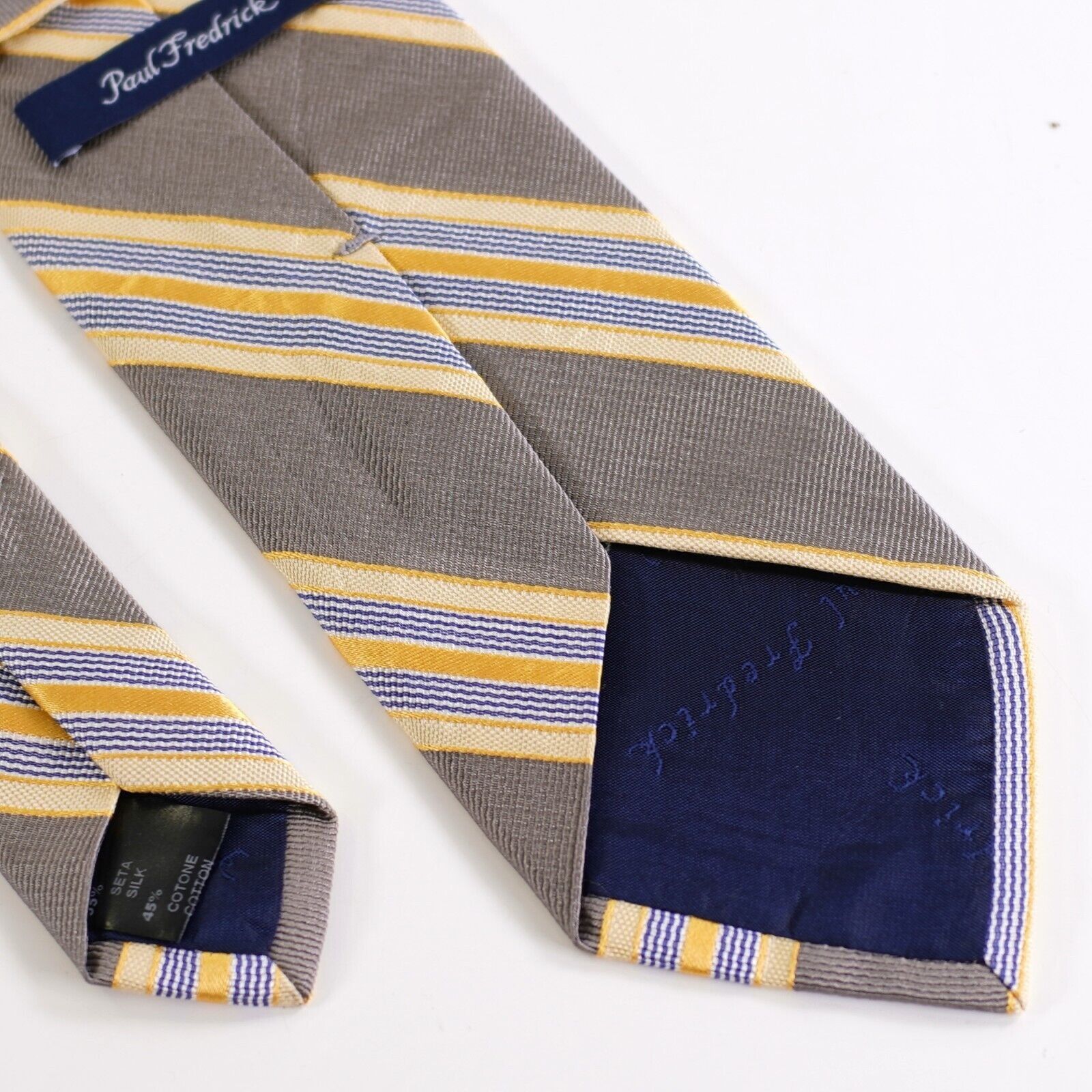 Paul Fredrick Paul Fredrick Gray Yellow Blue Striped Woven Cotton Silk Tie Size ONE SIZE - 5 Thumbnail