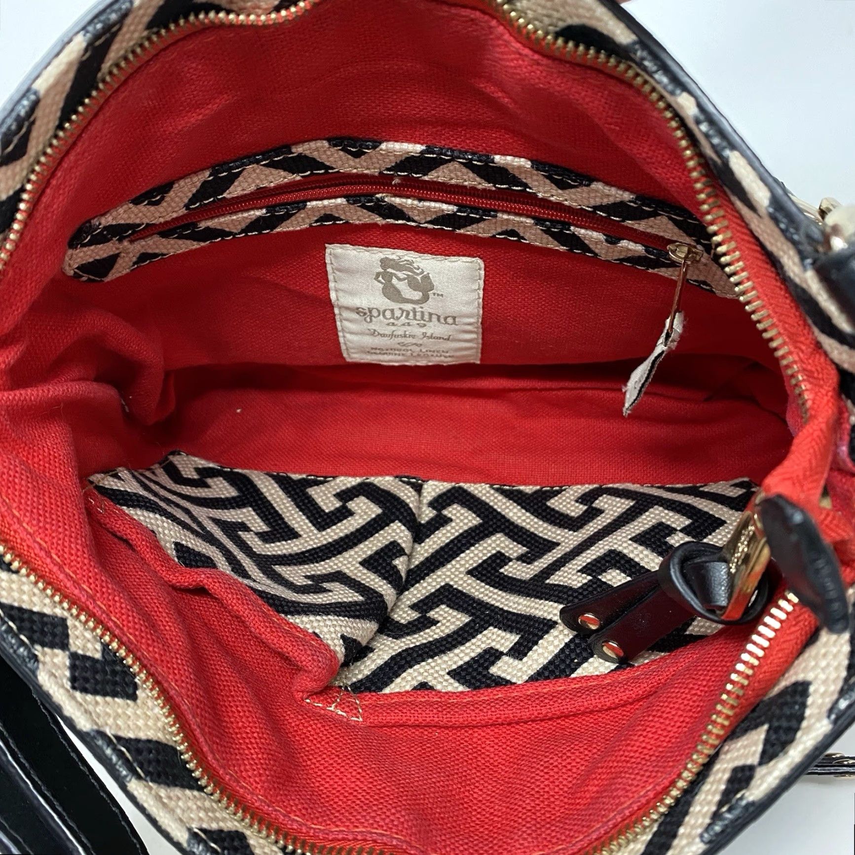 Vintage Spartina 449 Leather & Linen Handbag Crossbody Purse Zip Pockets Black Tan Casual Women Medium Cute! Size ONE SIZE - 7 Thumbnail