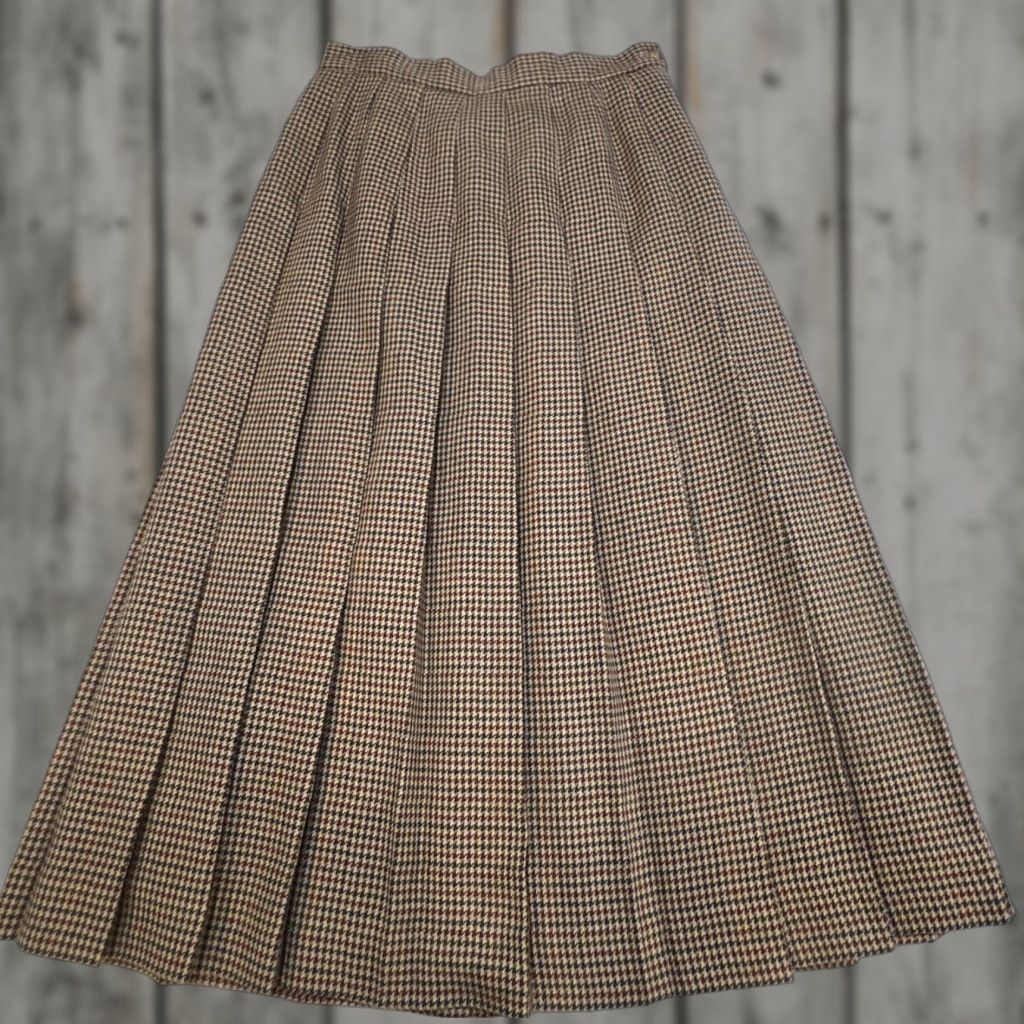 Vintage VINTAGE LL Bean Wool Skirt 8P Petite Houndstooth Brown Midi Pleated Lined 1980s Size 30" / US 8 / IT 44 - 1 Thumbnail