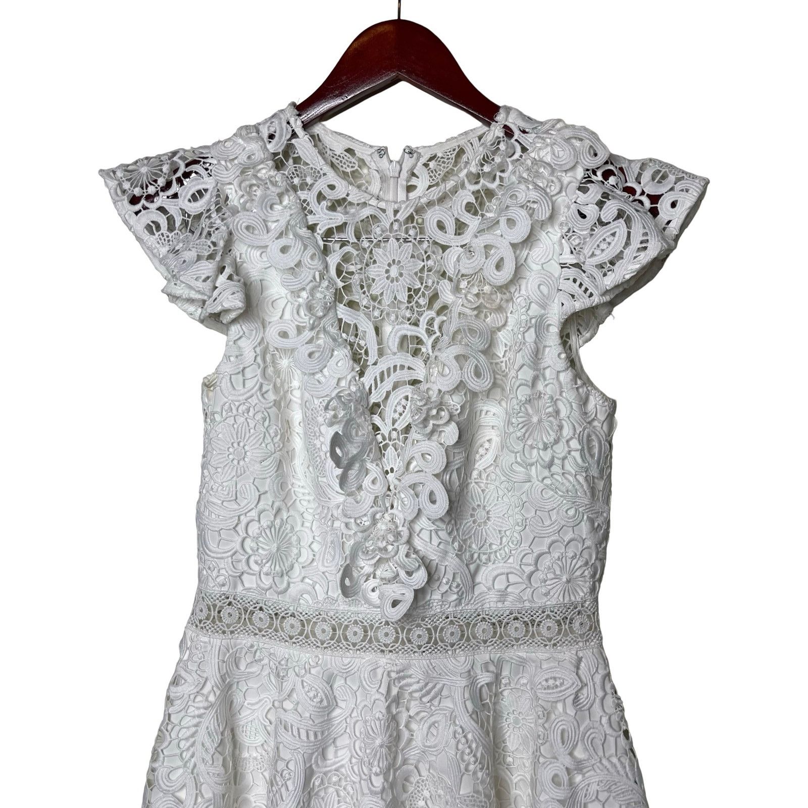 Amur AMUR Crochet Lace Flutter Sleeve Mini Dress White Womens 6 Size M / US 6-8 / IT 42-44 - 2 Thumbnail