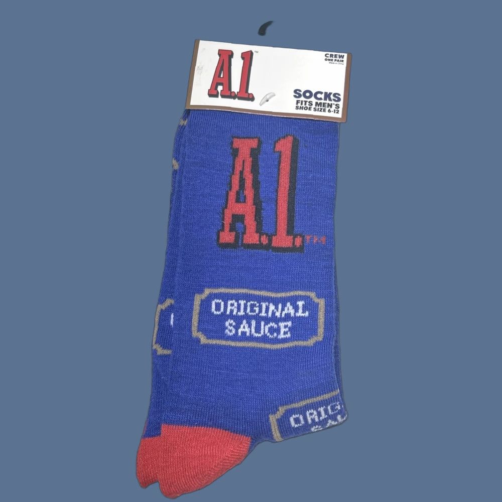 Vintage A1 STEAK SAUCE Mens Crew Socks 1 Pair Size 6-12 Blue New Size ONE SIZE - 1 Thumbnail