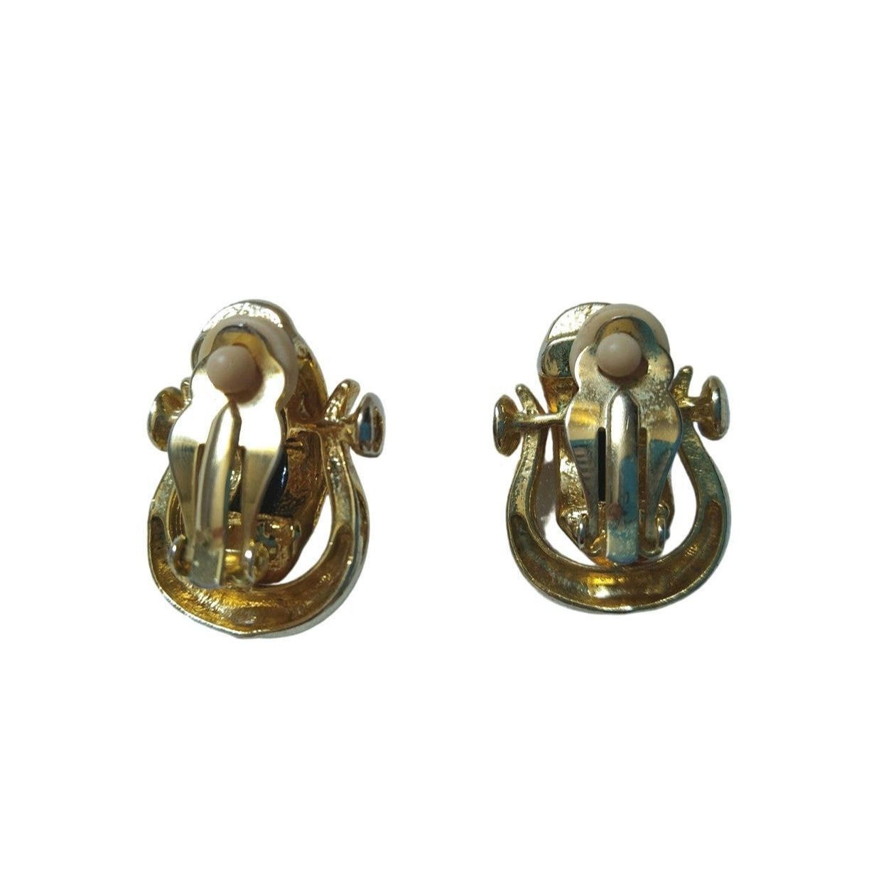 Vintage Black Lucite Door Knocker Clip On Earrings Gold