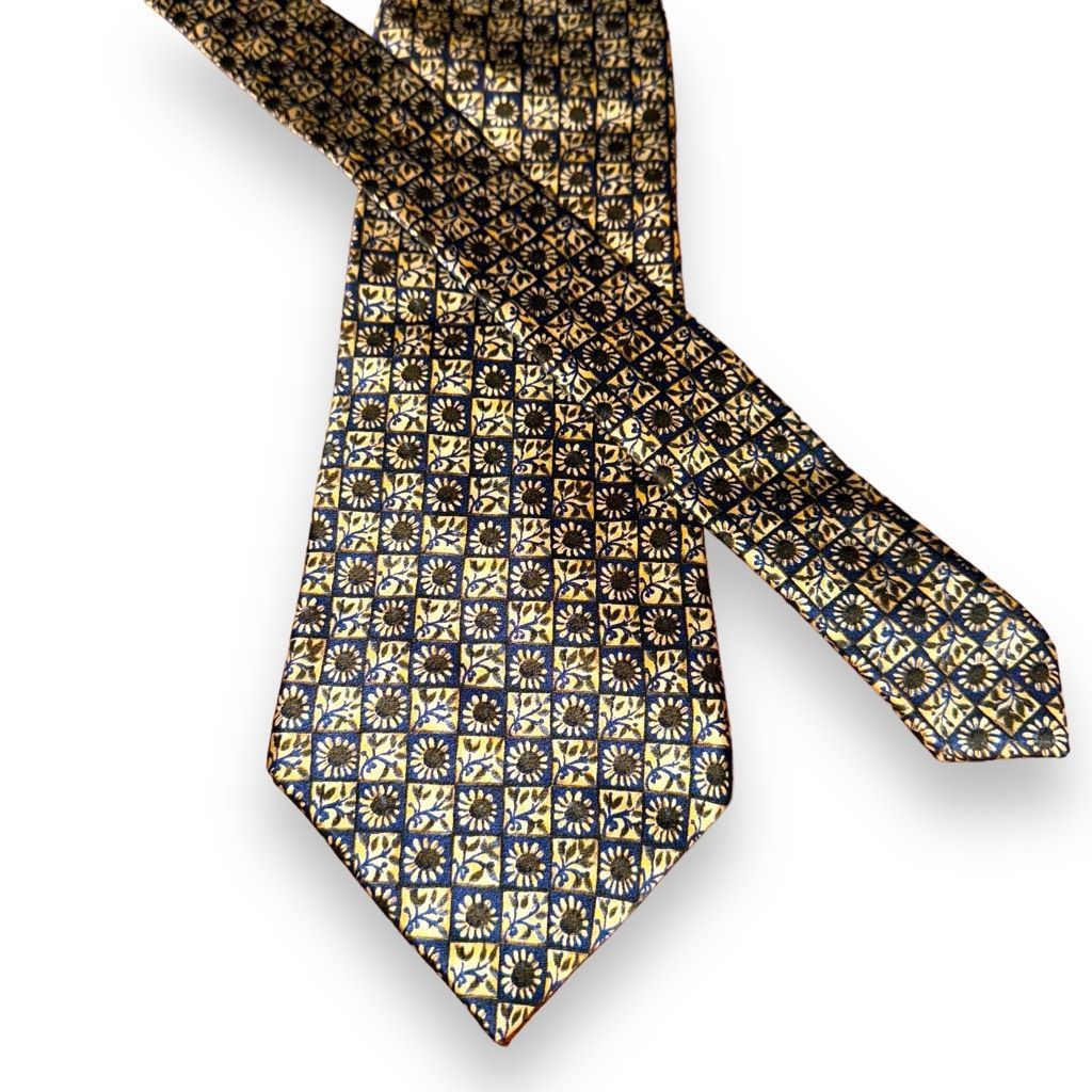 Lanvin Lanvin Navy & Gold Flower Checkerboard Handmade 100% Silk Ti Size ONE SIZE - 1 Thumbnail