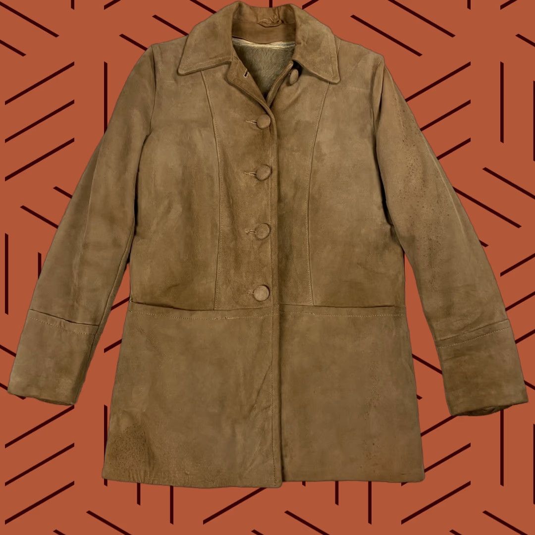 Vintage VINTAGE BOHO SUEDE LEATHER BLAZER Women’s 10 Long Brown Button Sherpa Liner - 50s 60s Style - jacket coat Size L / US 10 / IT 46 - 1 Thumbnail