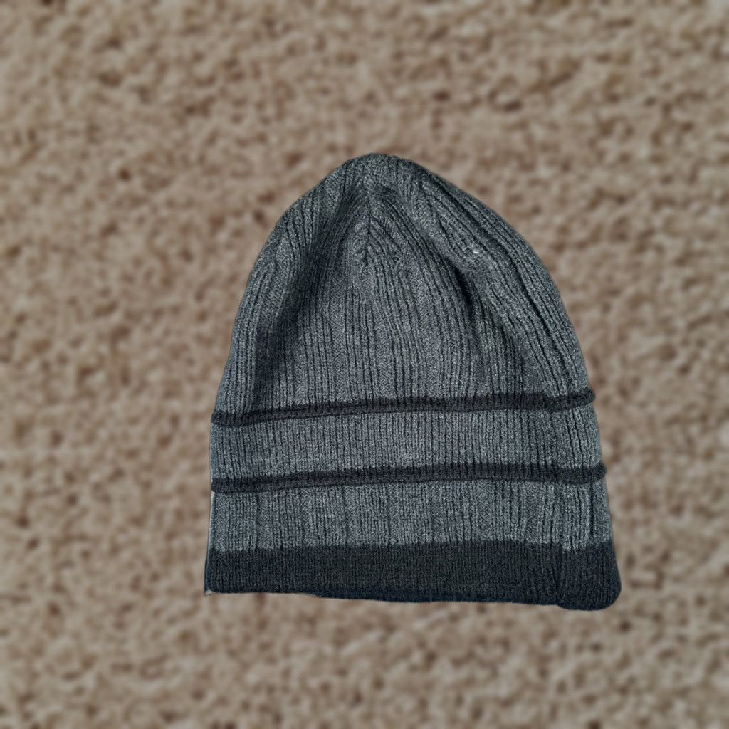 Vintage VINTAGE Becker Brands Beanie (Toque) Adult One Size Gray Stripe Knit 100% Acrylic Hat Mens Ski Beanie Size ONE SIZE - 1 Thumbnail