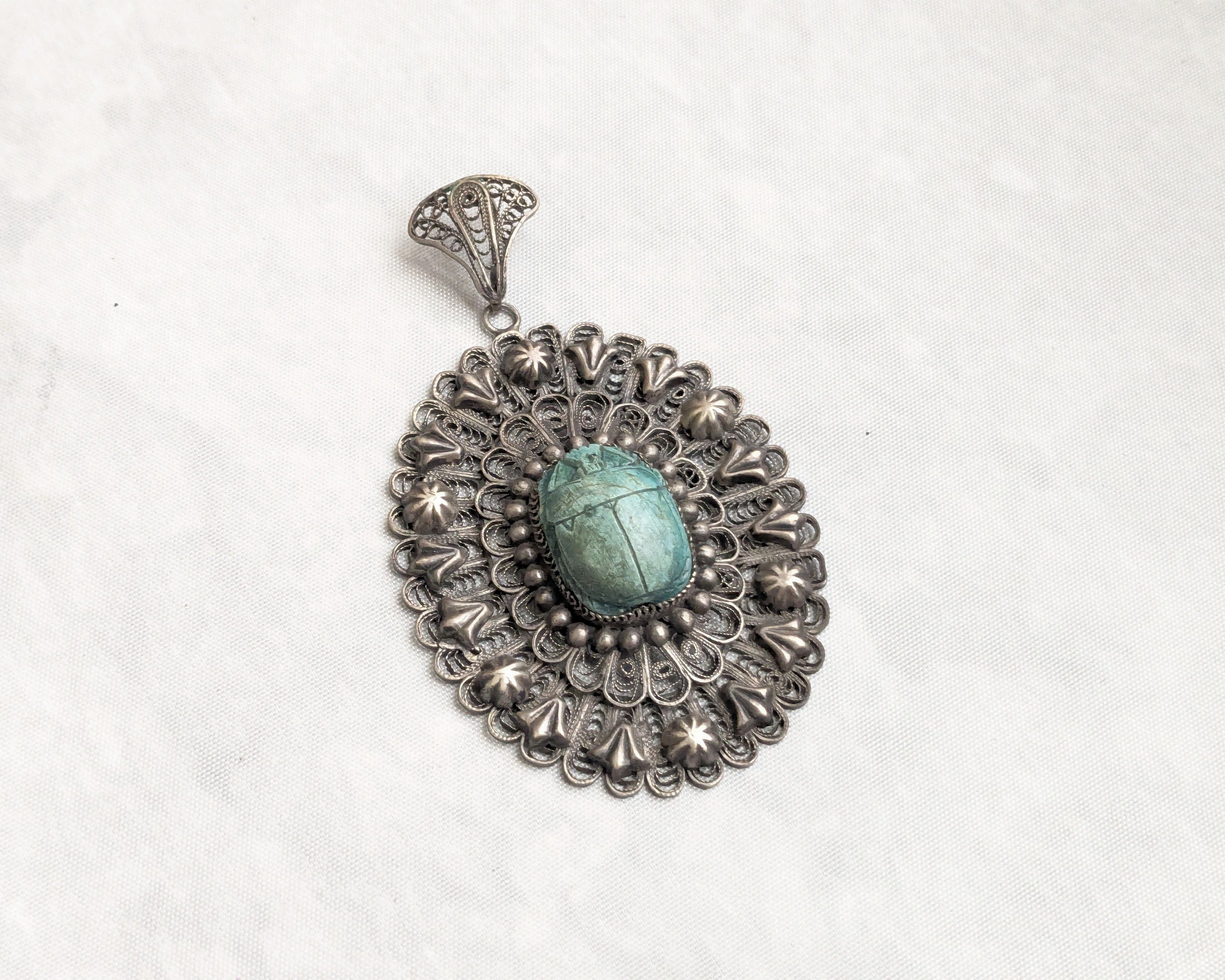 Jewelry Egyptian Silver Scarab Pendant Filigree Faience Blue Oval Size ONE SIZE - 1 Thumbnail
