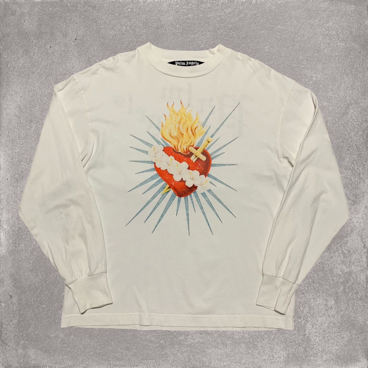 image of Palm Angels Large Heart White Tee Long Sleeve, Men's
