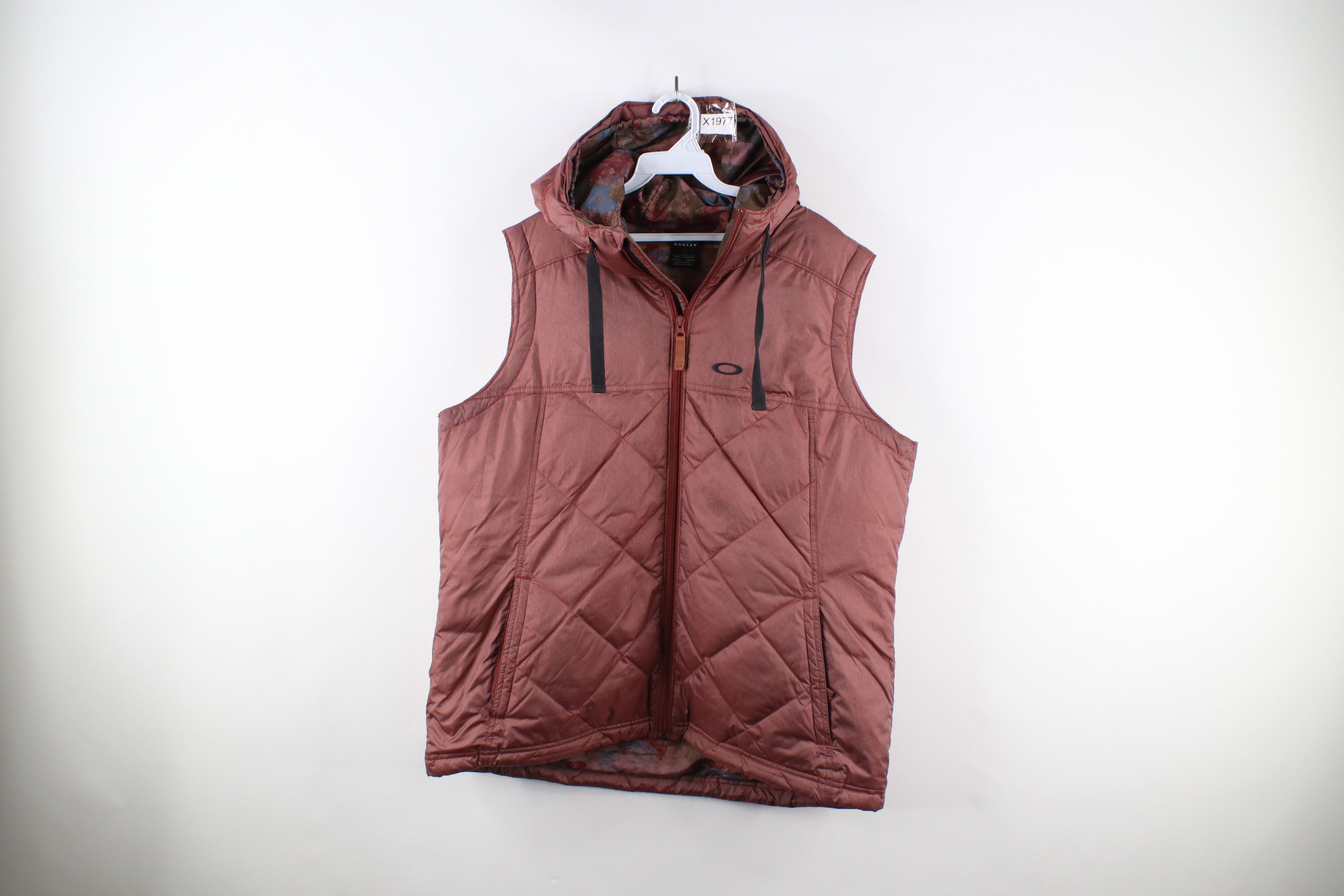 image of Oakley Logo Quilted Duck Down Fill Hooded Puffer Vest Jacket in Red, Women's (Size XL)