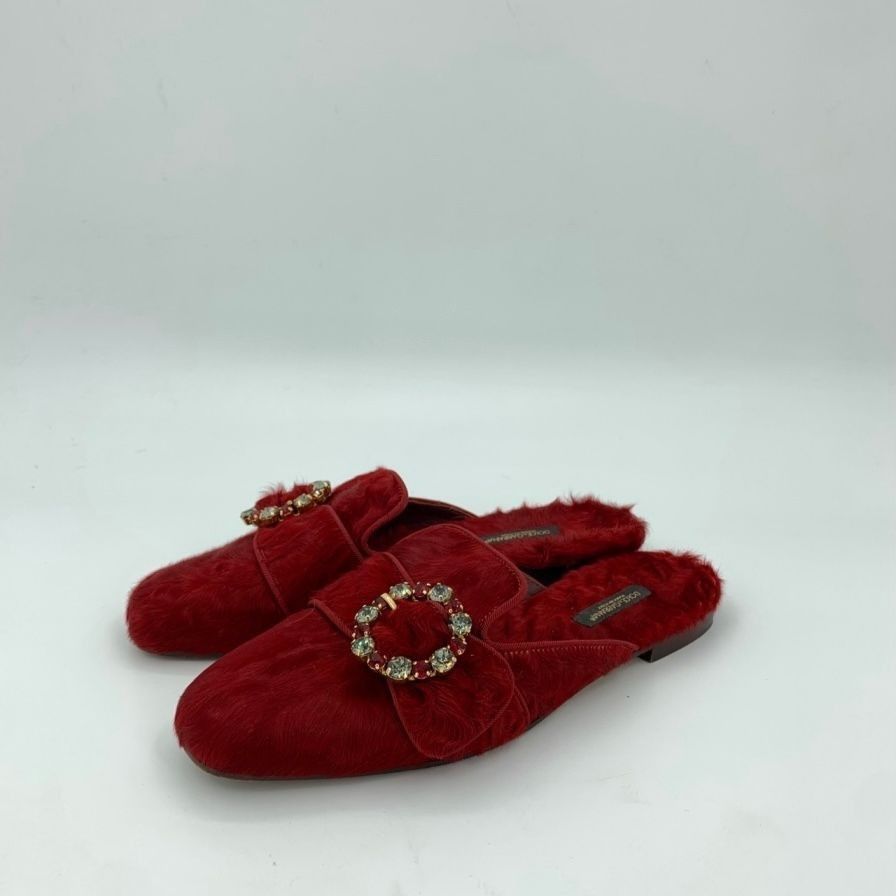 Dolce & Gabbana Dolce & Gabbana Red Fur Mule Slides With Jeweled Buckle Size US 6 / IT 36 - 3 Thumbnail