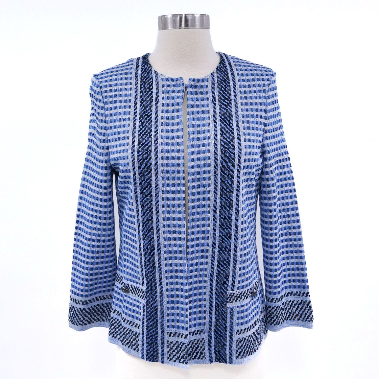 image of Vintage Ming Wang Cardigan Sweater Jacket New Xs Womens Blue White Check Acrylic Knit