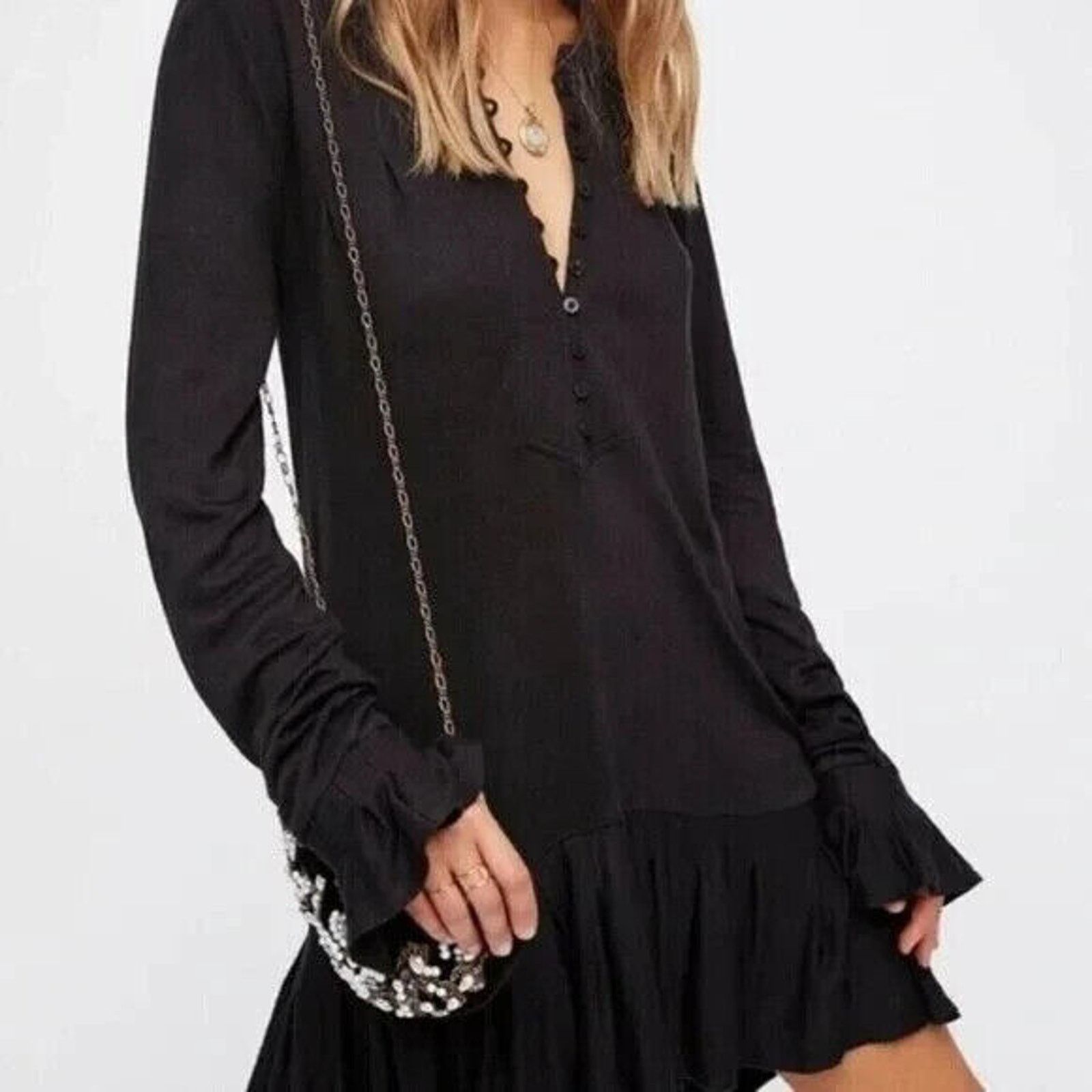 Free People Free People Black Ruffle Long Sleeve Tunic Top Mini Dress XS Size XS / US 0-2 / IT 36-38 - 2 Thumbnail