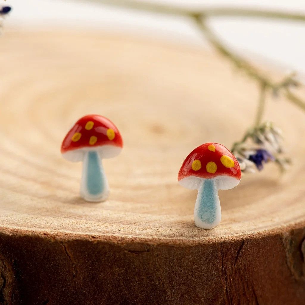 Jewelry Mushrooms Stud Earrings Ceramic Ear Gift For Her Size ONE SIZE - 1 Preview
