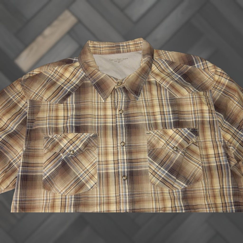 Calvin Klein VINTAGE Calvin Klein Men's Shirt Short Sleeve Button-Up Cotton Plaid 2XL Brown Size US XXL / EU 58 / 5 - 1 Thumbnail
