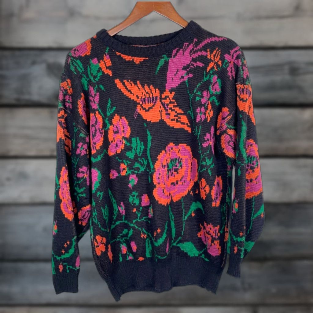 Pinko VINTAGE 90s Floral Knit Sweater Women’s Large Black Pink Birds Intarsia Pullover with Shoulder Pads Size L / US 10 / IT 46 - 1 Thumbnail