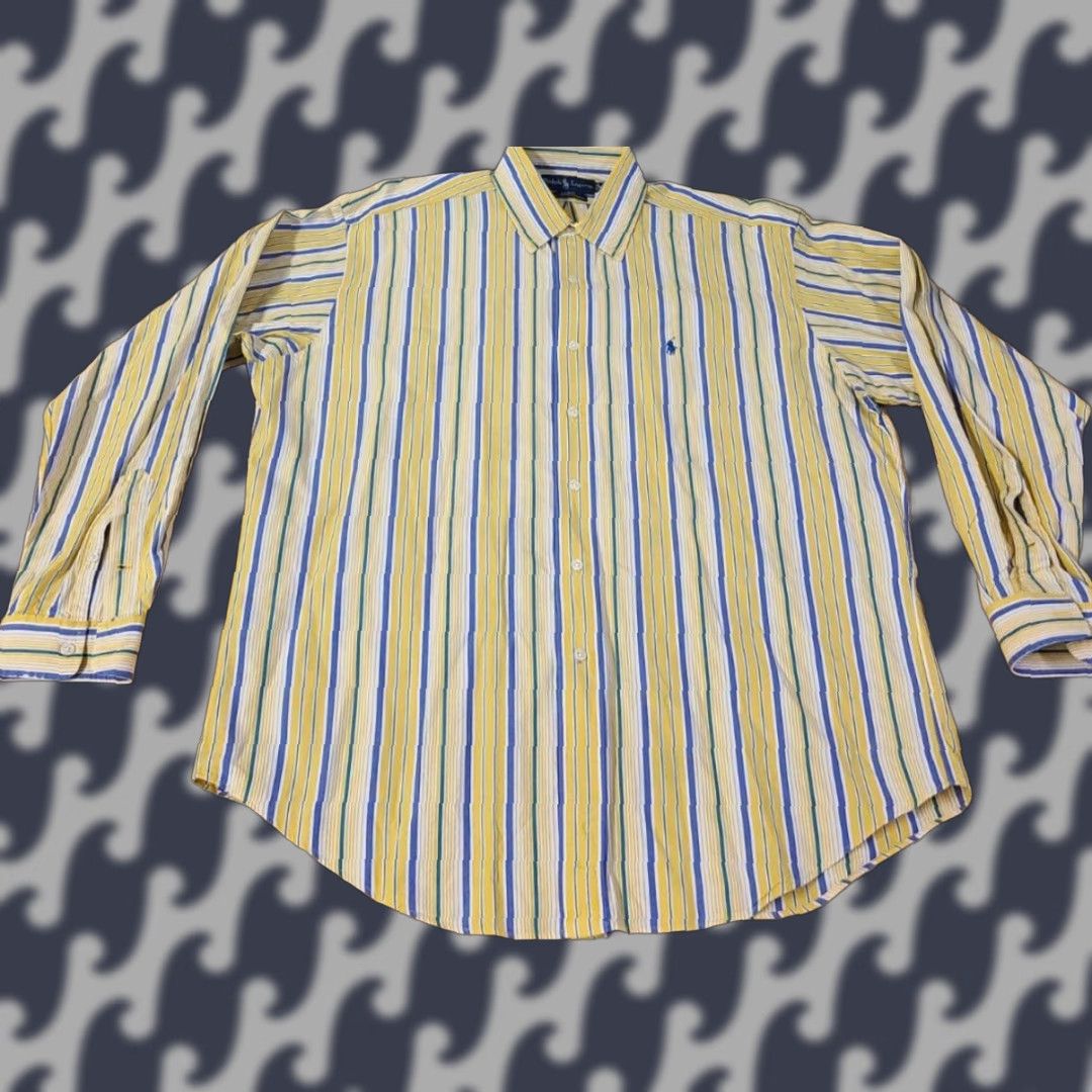 Polo Ralph Lauren Polo Ralph Lauren Shirt Men Yellow Blue Striped L Long Sleeve Button-Down Collar Knit Cotton Embroidered Logo Size US L / EU 52-54 / 3 - 1 Thumbnail