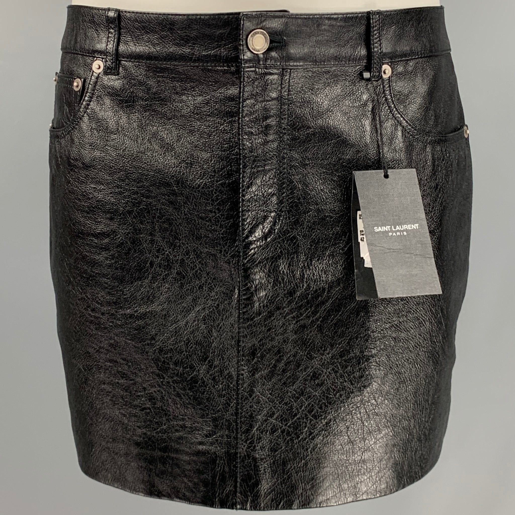 image of Saint Laurent Paris Black Leather Mini Skirt, Women's (Size 32)