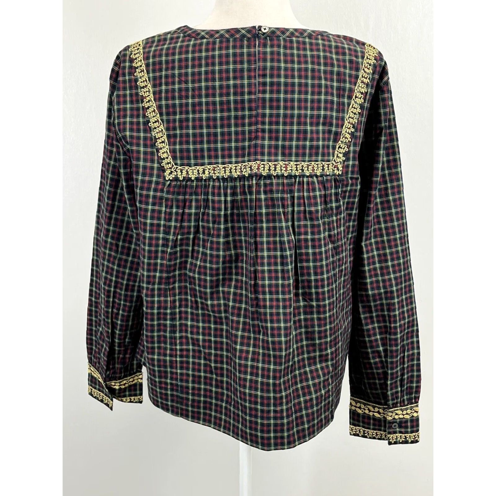 J.Crew J. Crew Women's Plaid Peasant Blouse Multicolor Large Gold Embroidery Size L / US 10 / IT 46 - 3 Thumbnail