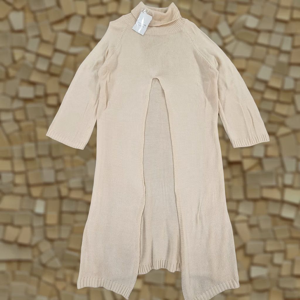 Vintage Enjoy-sun Womens Dress Beige Large Wool Blend Turtle Neck Knit Front Slit Dress Size L / US 10 / IT 46 - 1 Thumbnail
