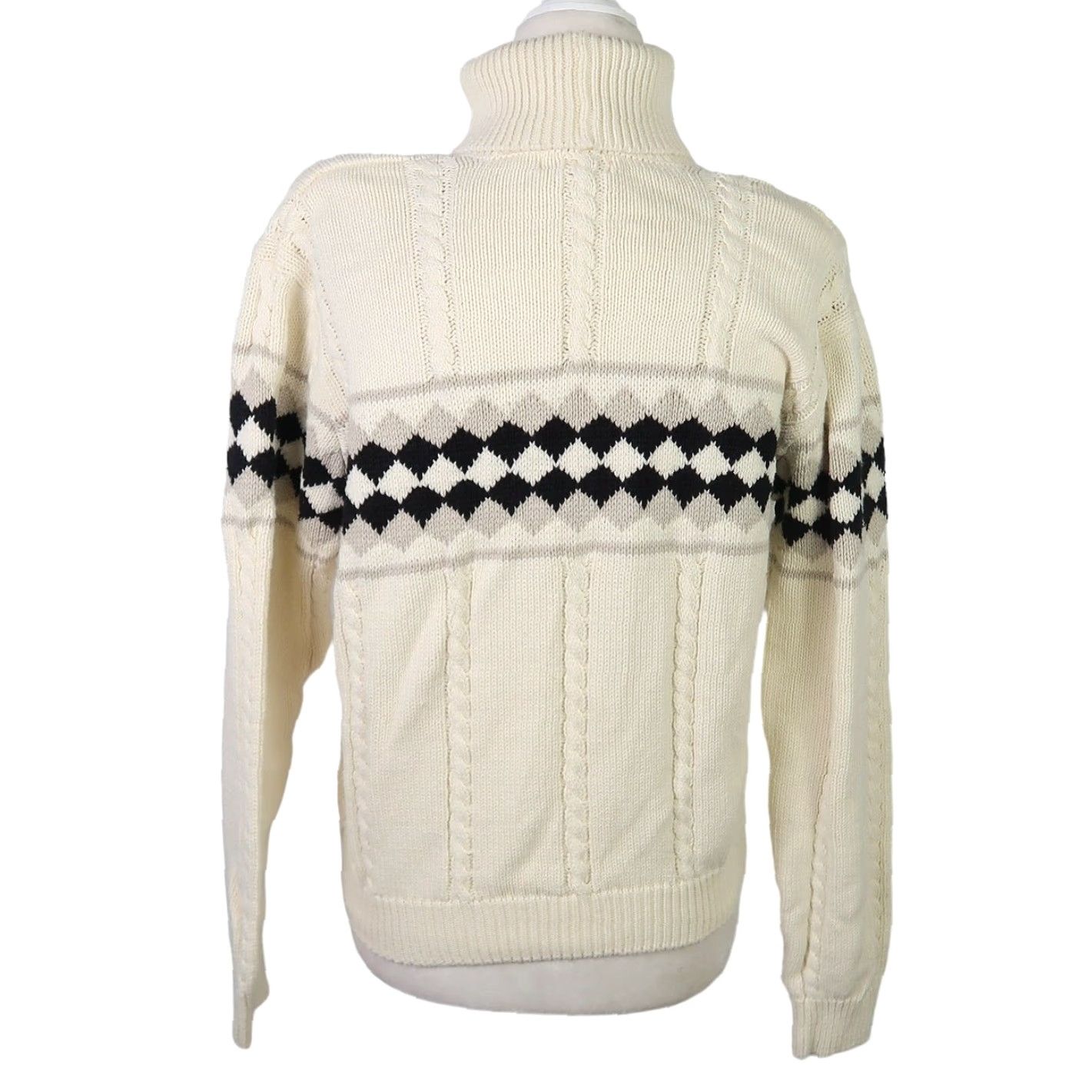 Vintage VINTAGE Jeanne Pierre Cream and Black Diamond Check Cable Knit Turtleneck Sweater M Womens Long Sleeve Knit Cotton 90s Holiday Casual Mens Girls Size M / US 6-8 / IT 42-44 - 4 Thumbnail
