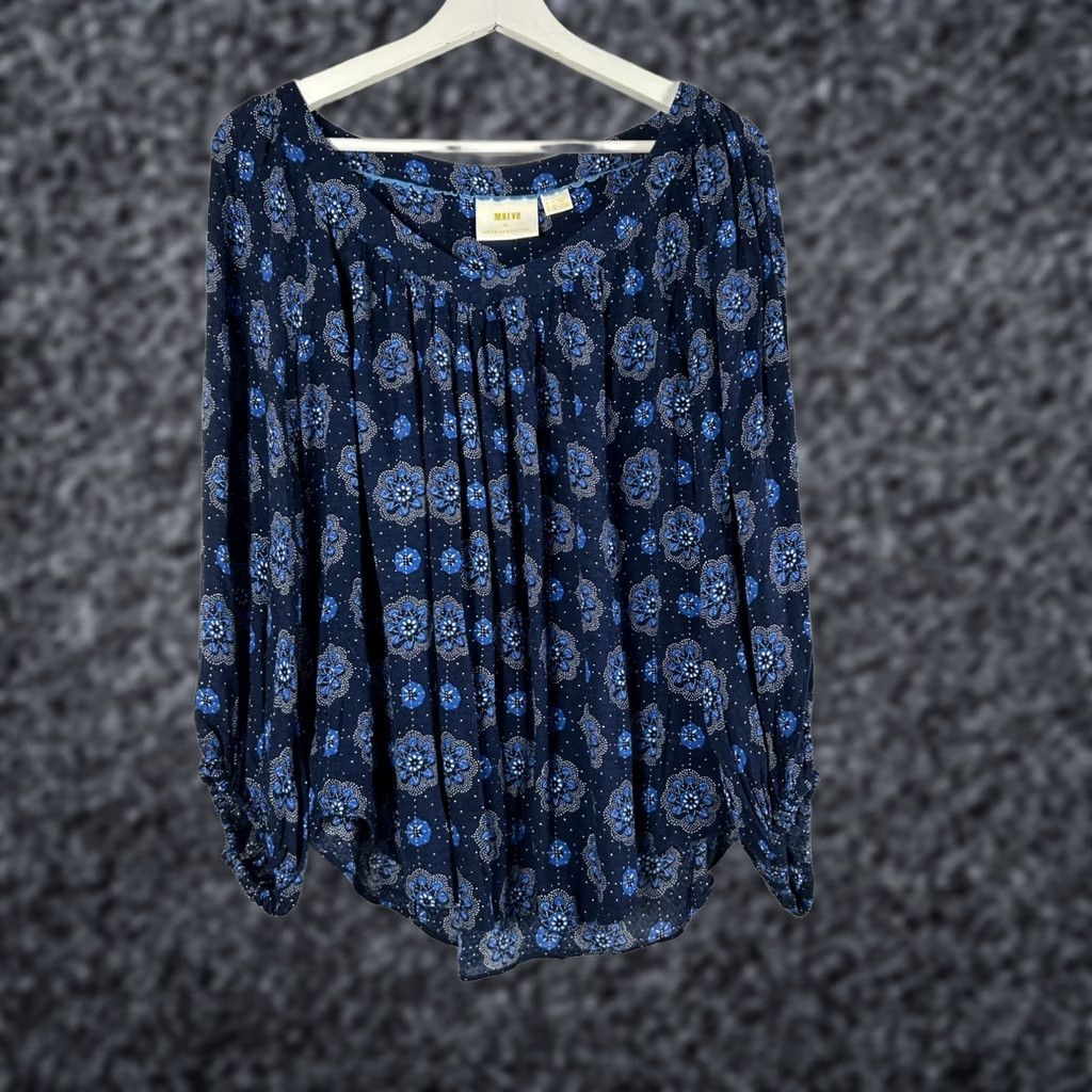 Vintage Maeve Anthropologie Boswell Blouse Blue Floral Long Sleeve V-Neck Pullover Women’s Size 8 Casual Shirt Size M / US 6-8 / IT 42-44 - 1 Thumbnail
