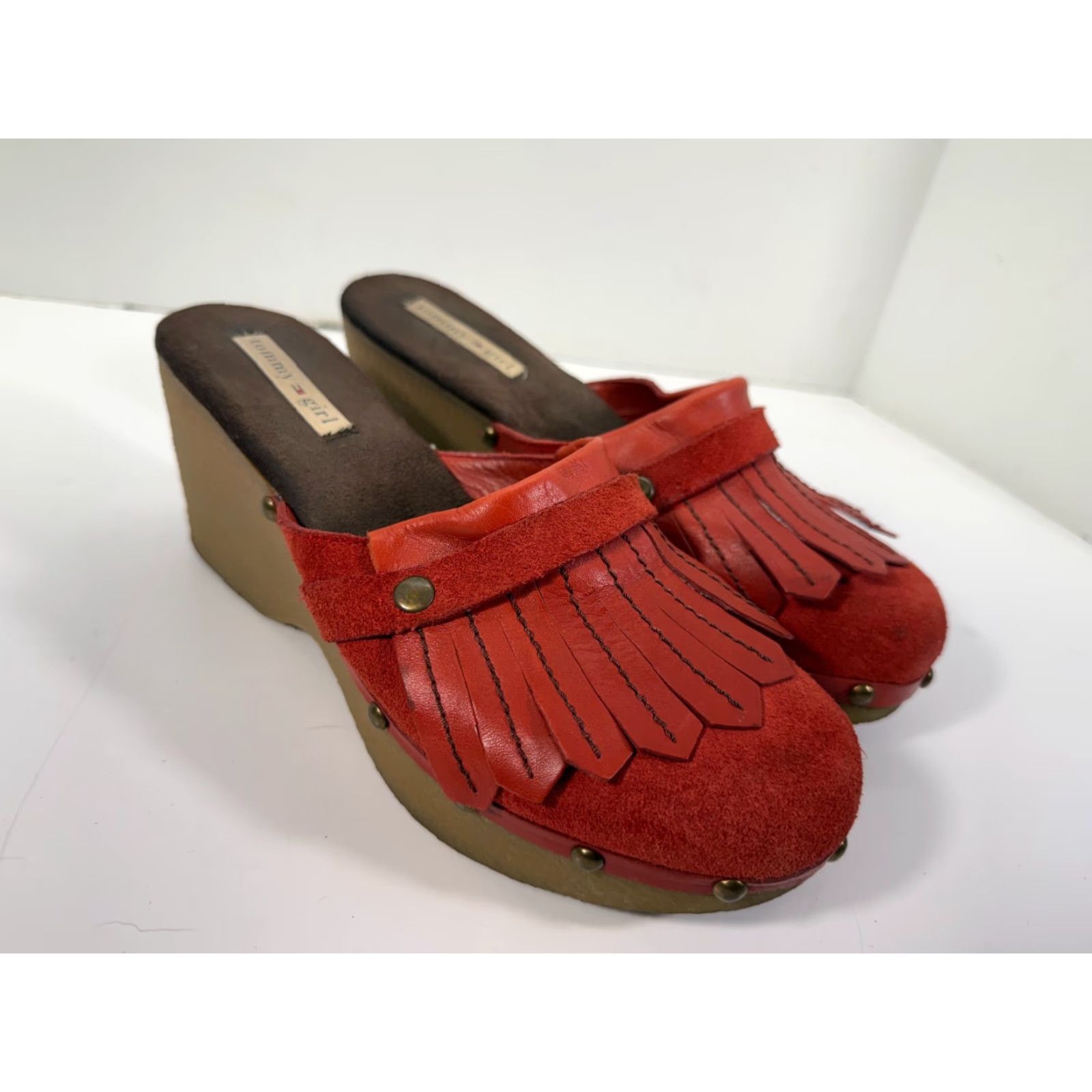 Tommy Hilfiger Tommy Hilfiger Women's Mule Wedge Heels Red Leather Fringe Studded Round Toe 8.5 M Size US 9 / IT 39 - 3 Thumbnail