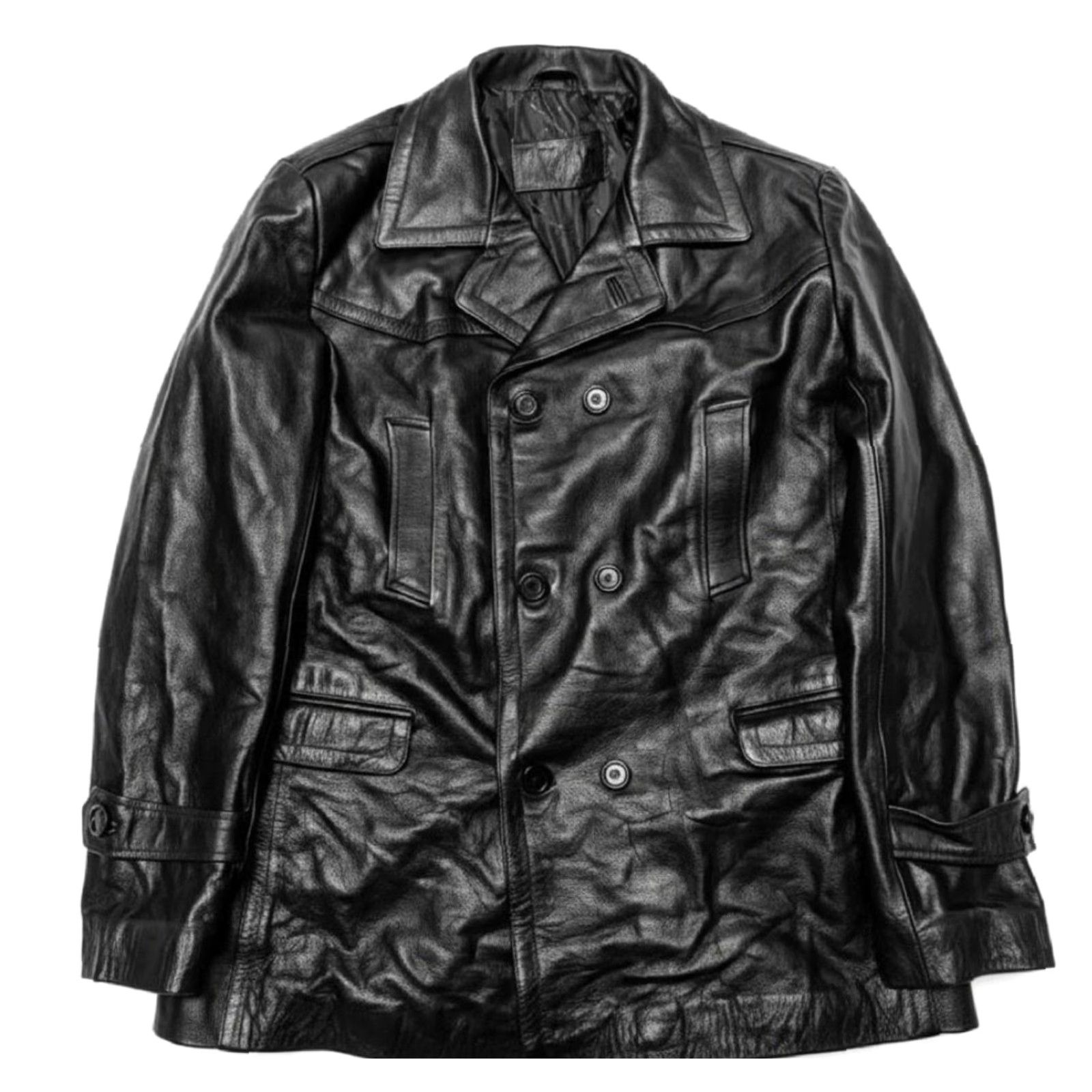Doublet VINTAGE WESTERN Pea Coat Leather 44 Chest 24.5" Cowhide Black Tall LONG Mens 1990s Cowboy Size US L / EU 52-54 / 3 - 2 Thumbnail