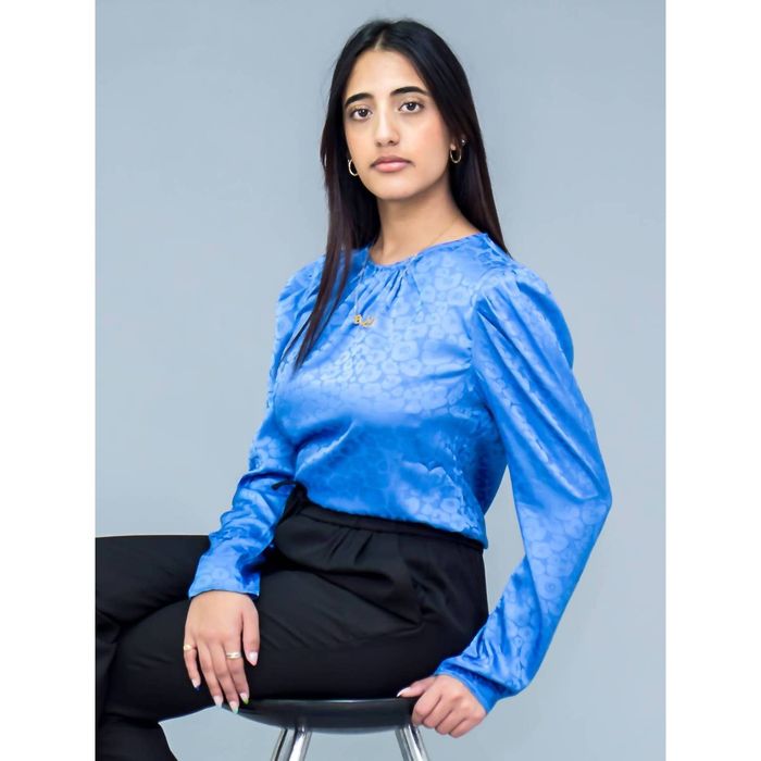 Designer STRUT & BOLT Jacquard Print Top With Shoulder Pads In Blue