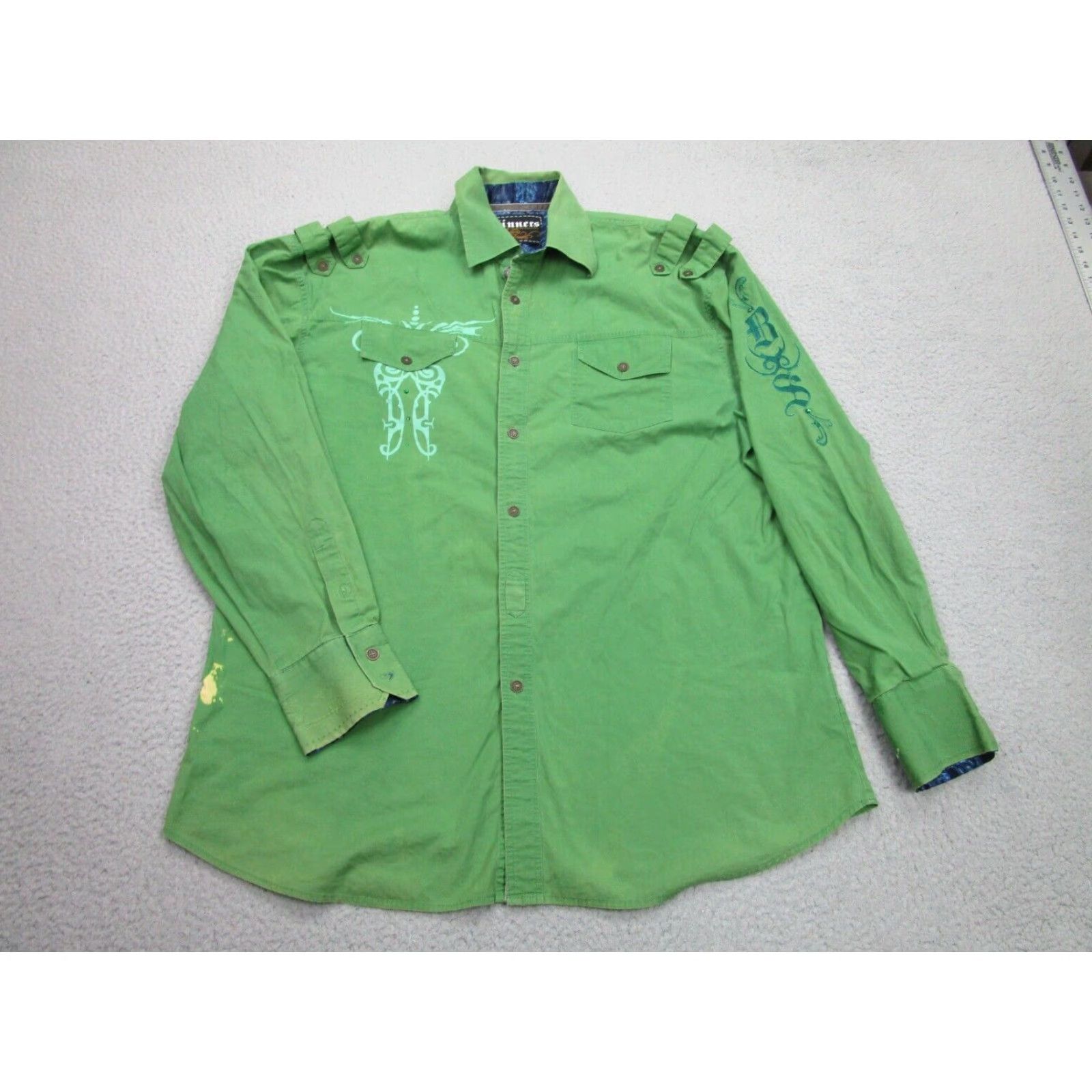 Vintage Sinners Embroidered Green Beaded Cowboy Western Button-Up Shirt 3XL Mens Size US XXL / EU 58 / 5 - 2 Thumbnail