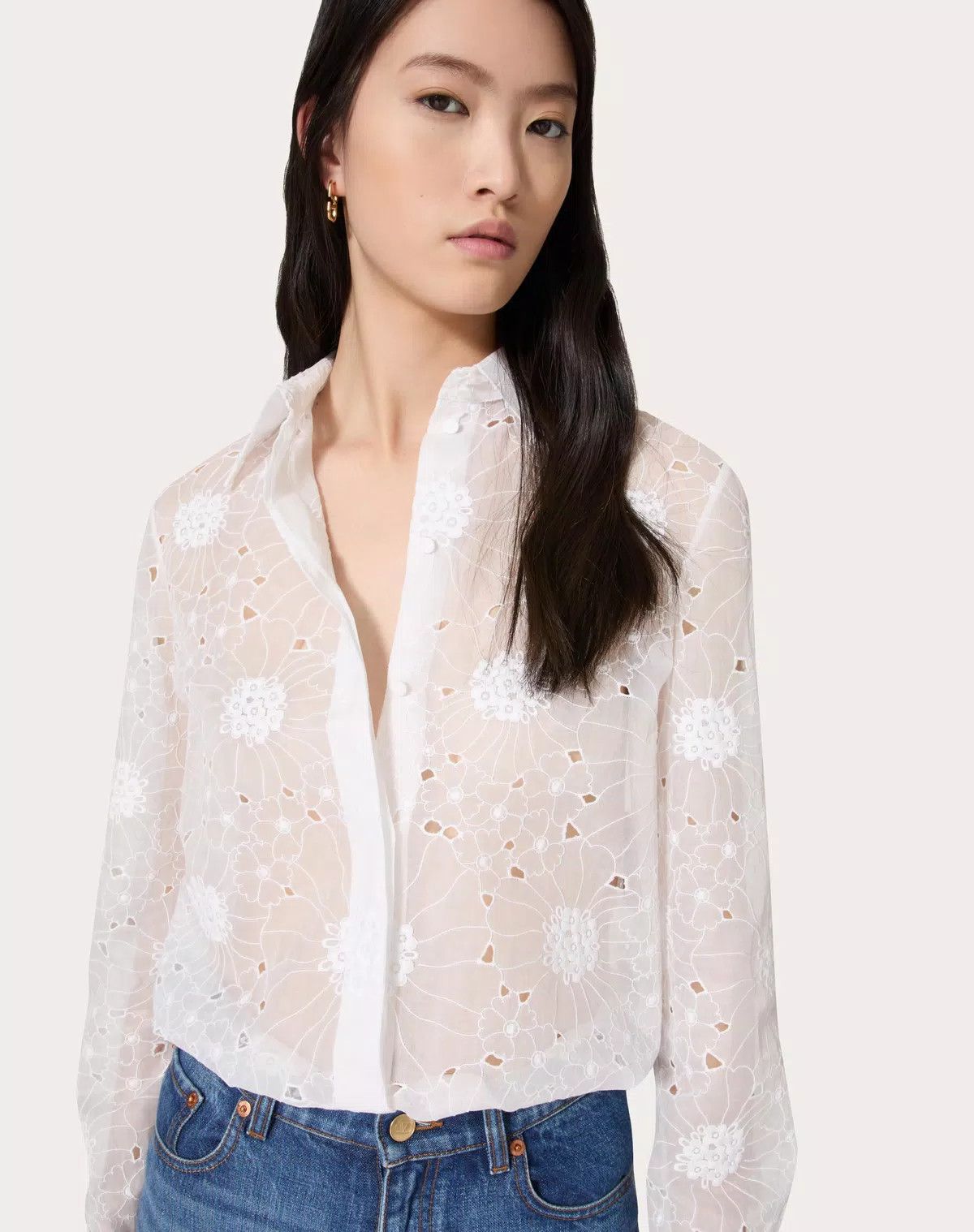 Valentino o1s1wg110426 Daisy Organdis Shirt in White Size S / US 4 / IT 40 - 6 Thumbnail