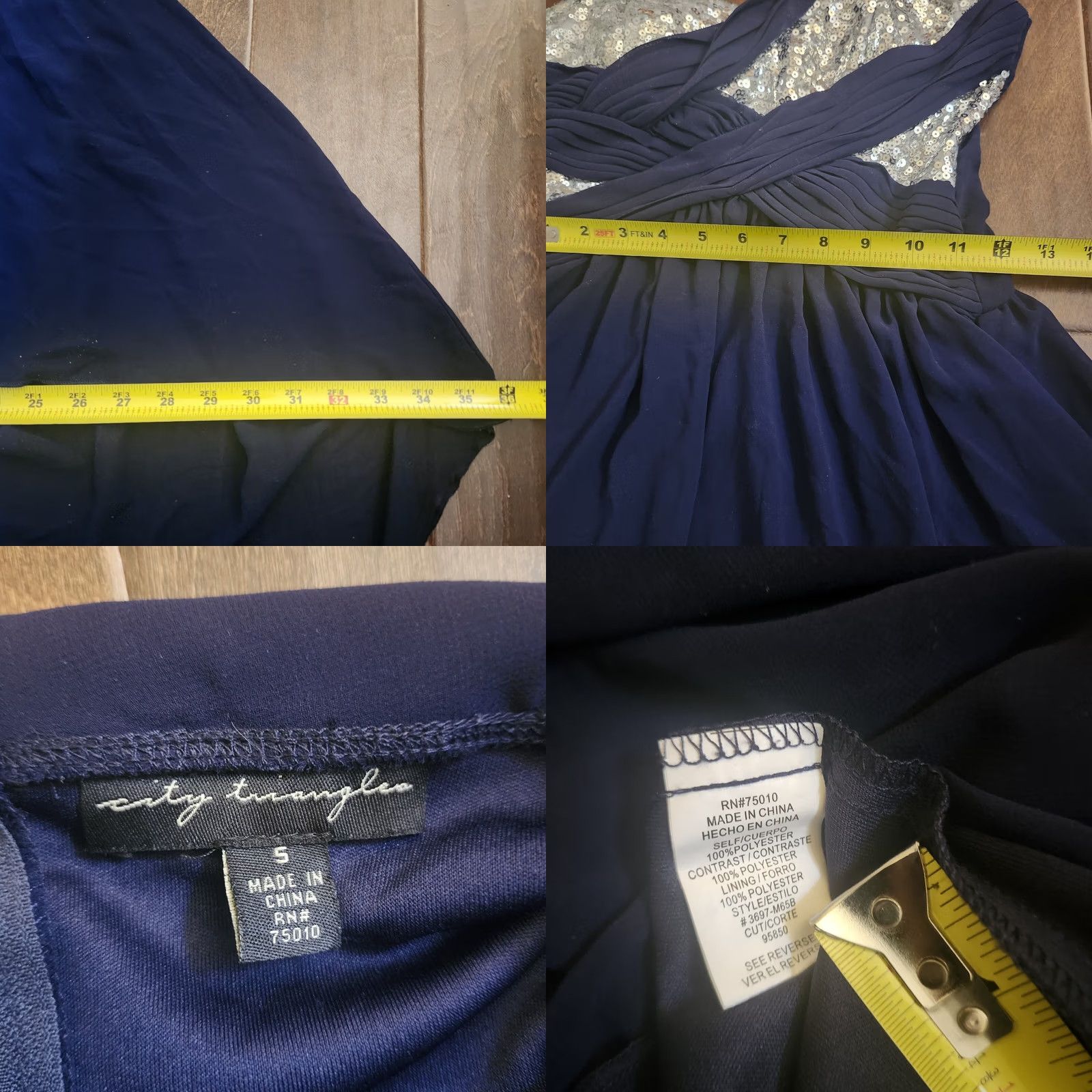 Vintage City Triangles Dress Sleeveless Women Size 5 Navy Blue Silver Sequin Knee Length Casual Travel Summer Fall Spring Machine Washable Polyester Size S / US 4 / IT 40 - 9 Thumbnail