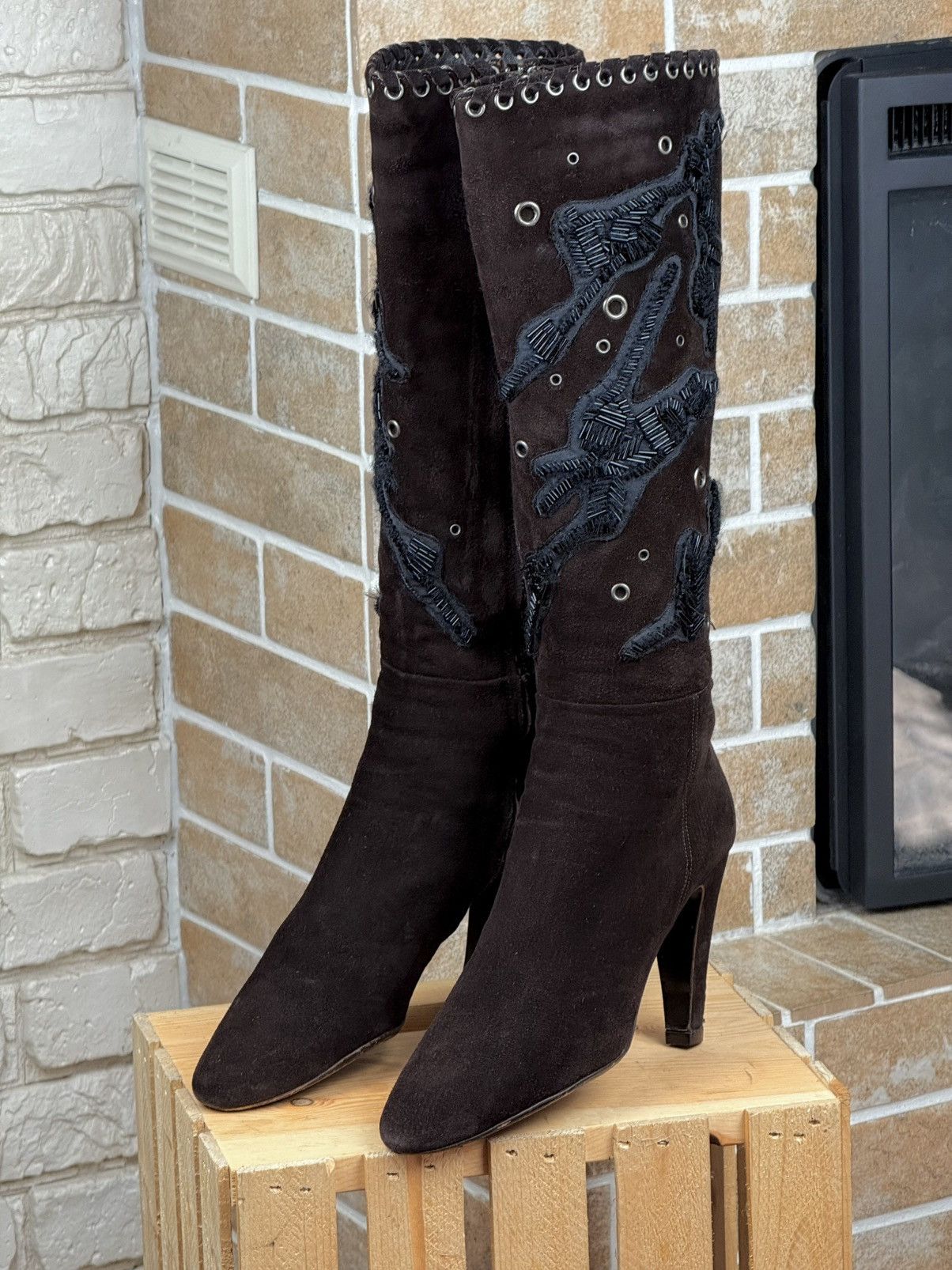 Prada × Vintage Prada Brown Suede Beads Knee High Heels Boots Size US 9 / IT 39 - 2 Thumbnail