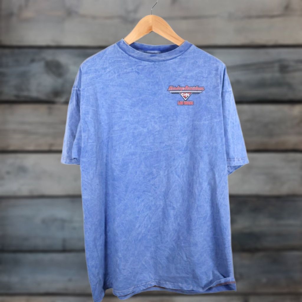 Harley Davidson VINTAGE Harley-Davidson Cafe T-Shirt 2XL Blue Acid Wash Short Sleeve Crew Neck Double-Sided Las Vegas 1999 Mens Size US XXL / EU 58 / 5 - 1 Thumbnail